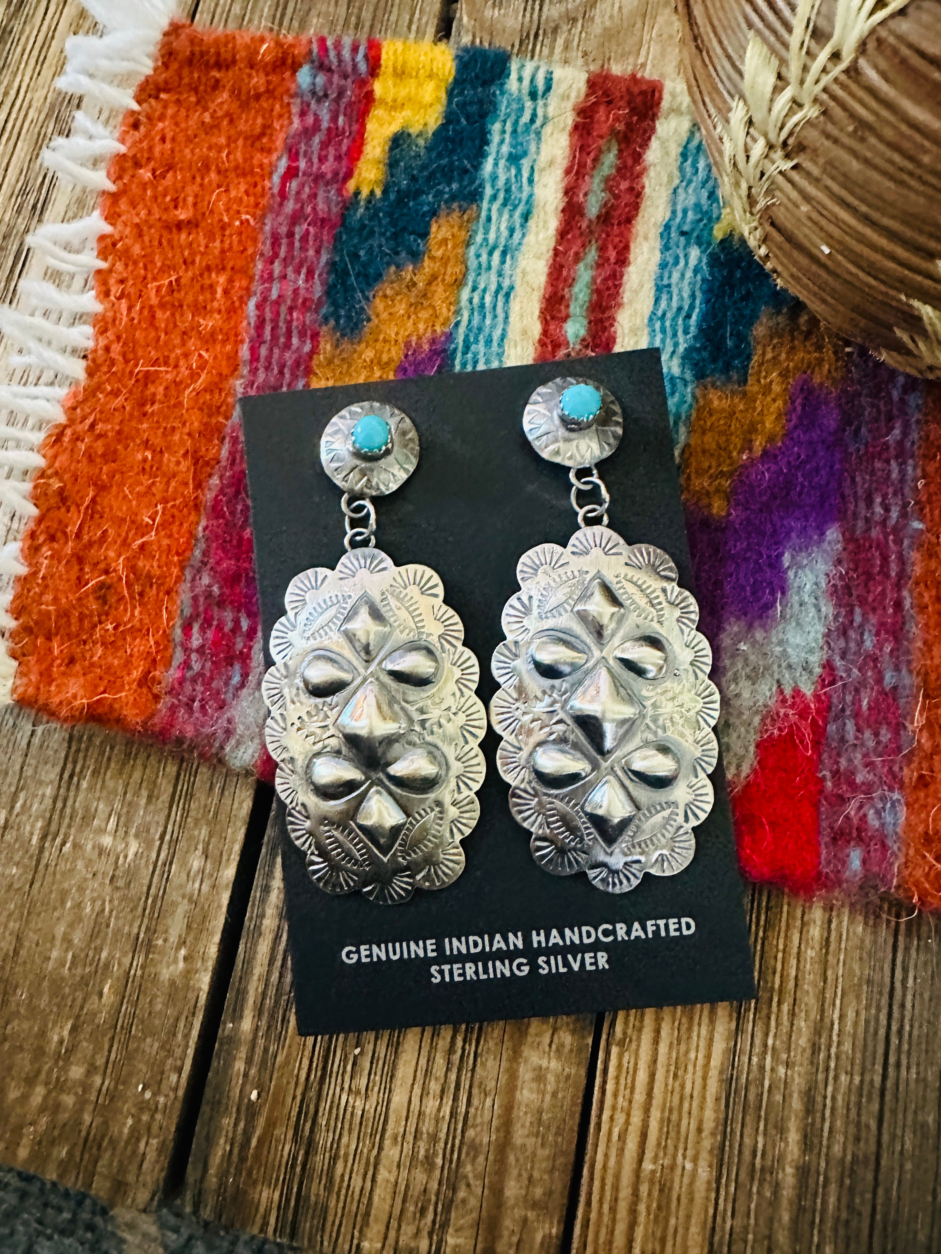 Handcrafted Turquoise & Sterling Silver Concho Dangle Earrings by Tim Yazzie