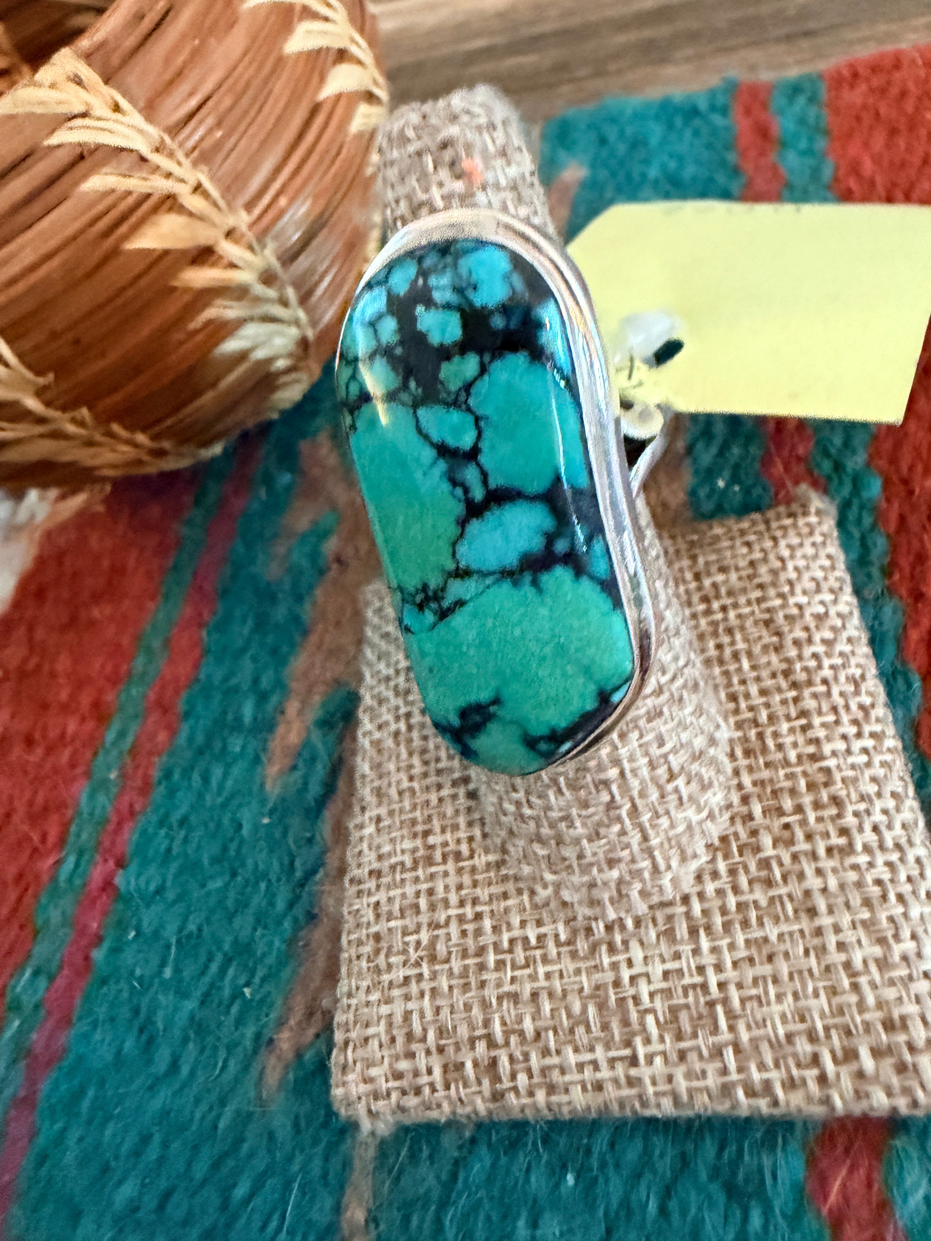 Old Pawn Handcrafted Chinese Spiderweb Turquoise & Sterling Silver Ring Size 8