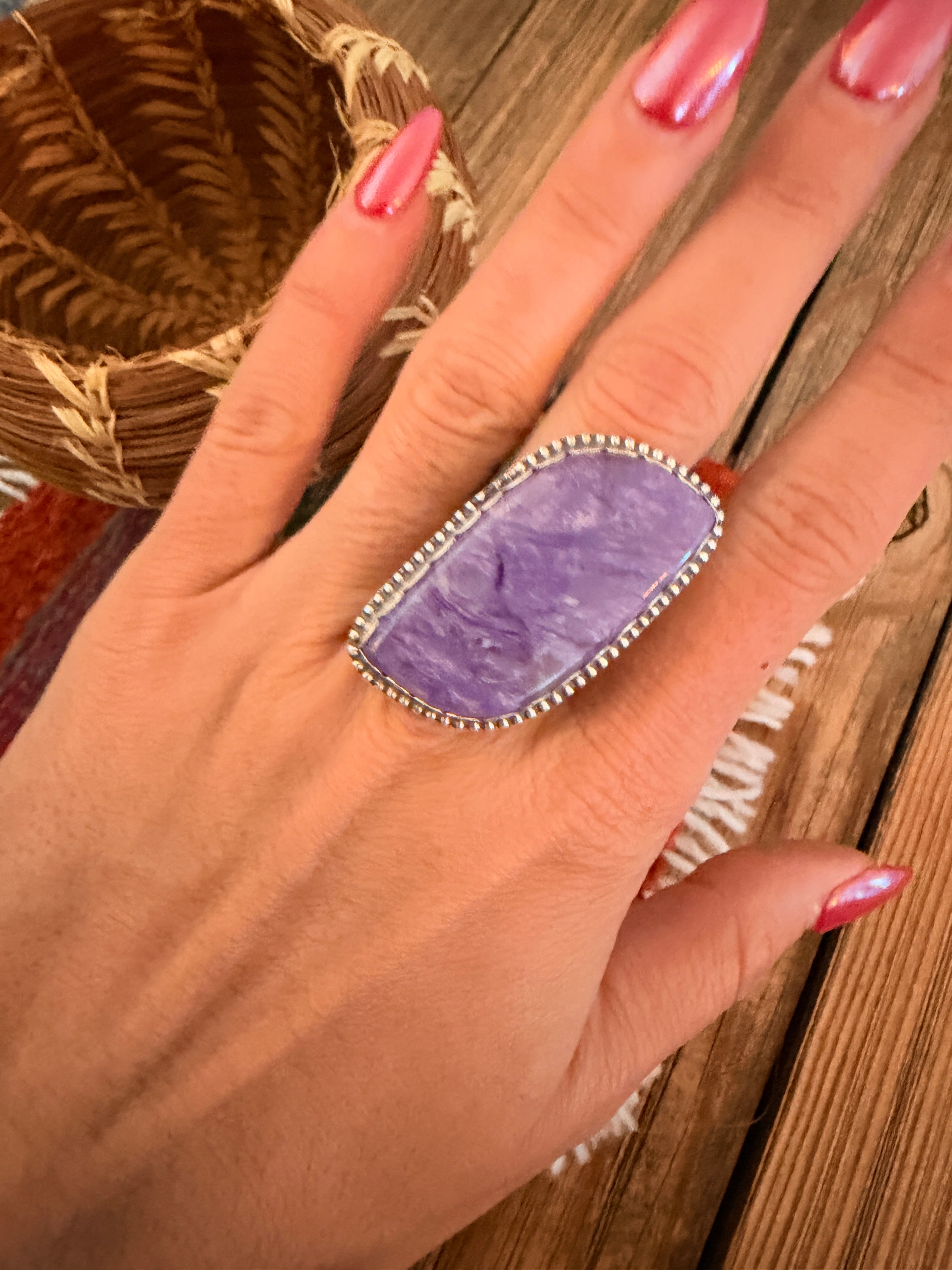 Handmade Sterling Silver and Charoite Adjustable Ring