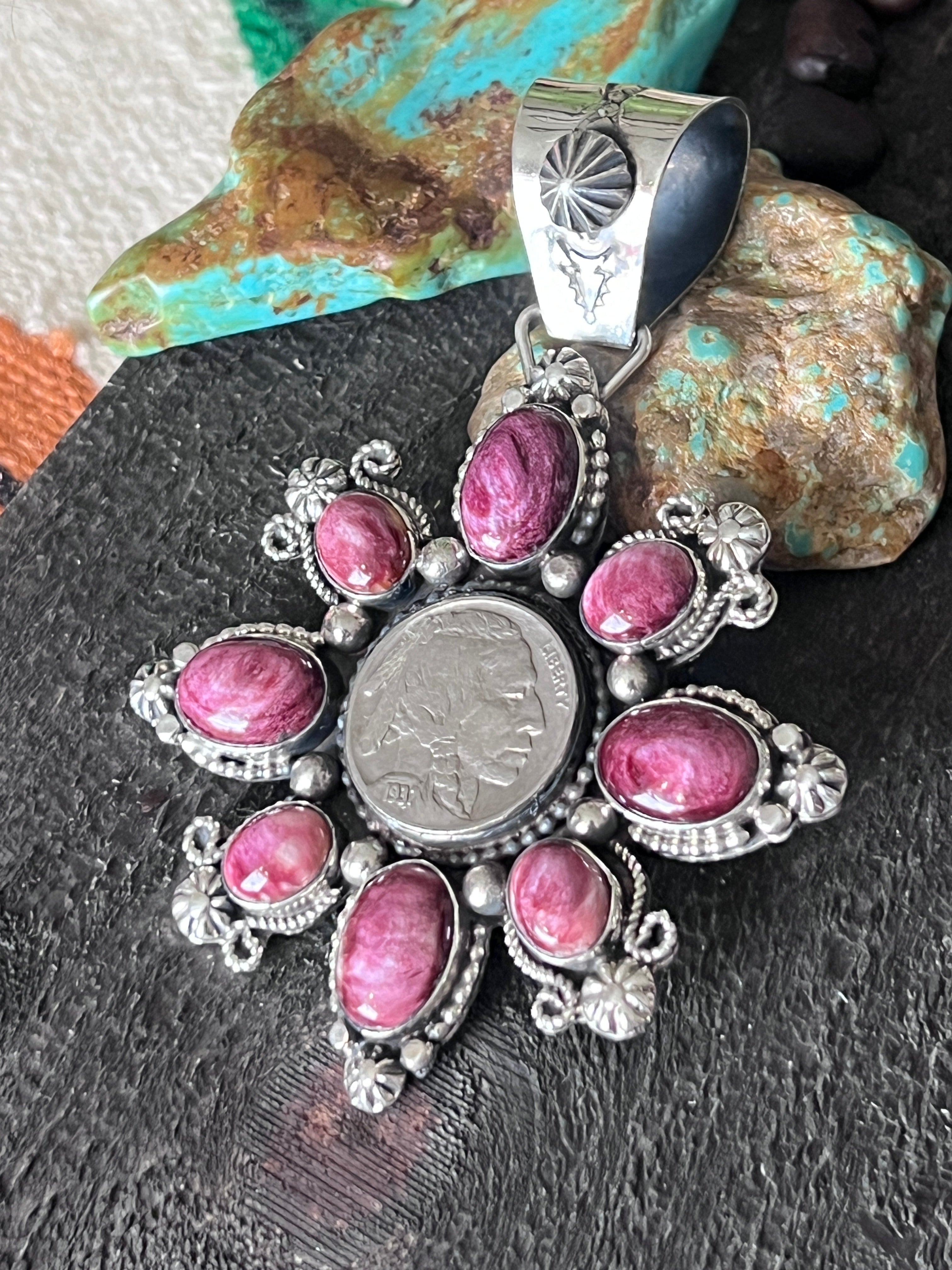 Sterling Silver, Indian Head Nickel and Purple Spiny Oyster Shell Cluster Pendant by Rosella Paxson