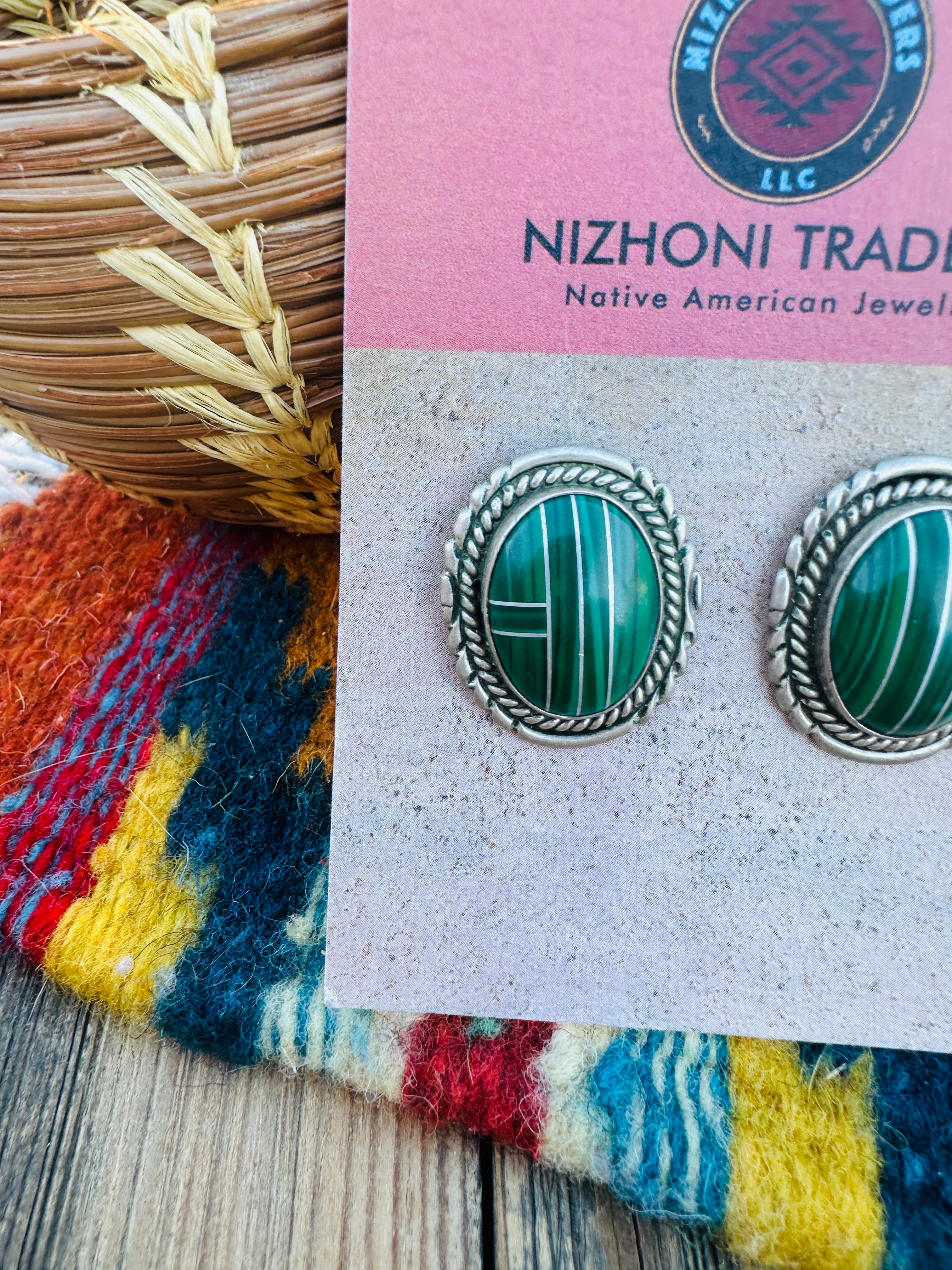 Handcrafted Old Pawn Sterling Silver & Malachite Inlay Post Earrings