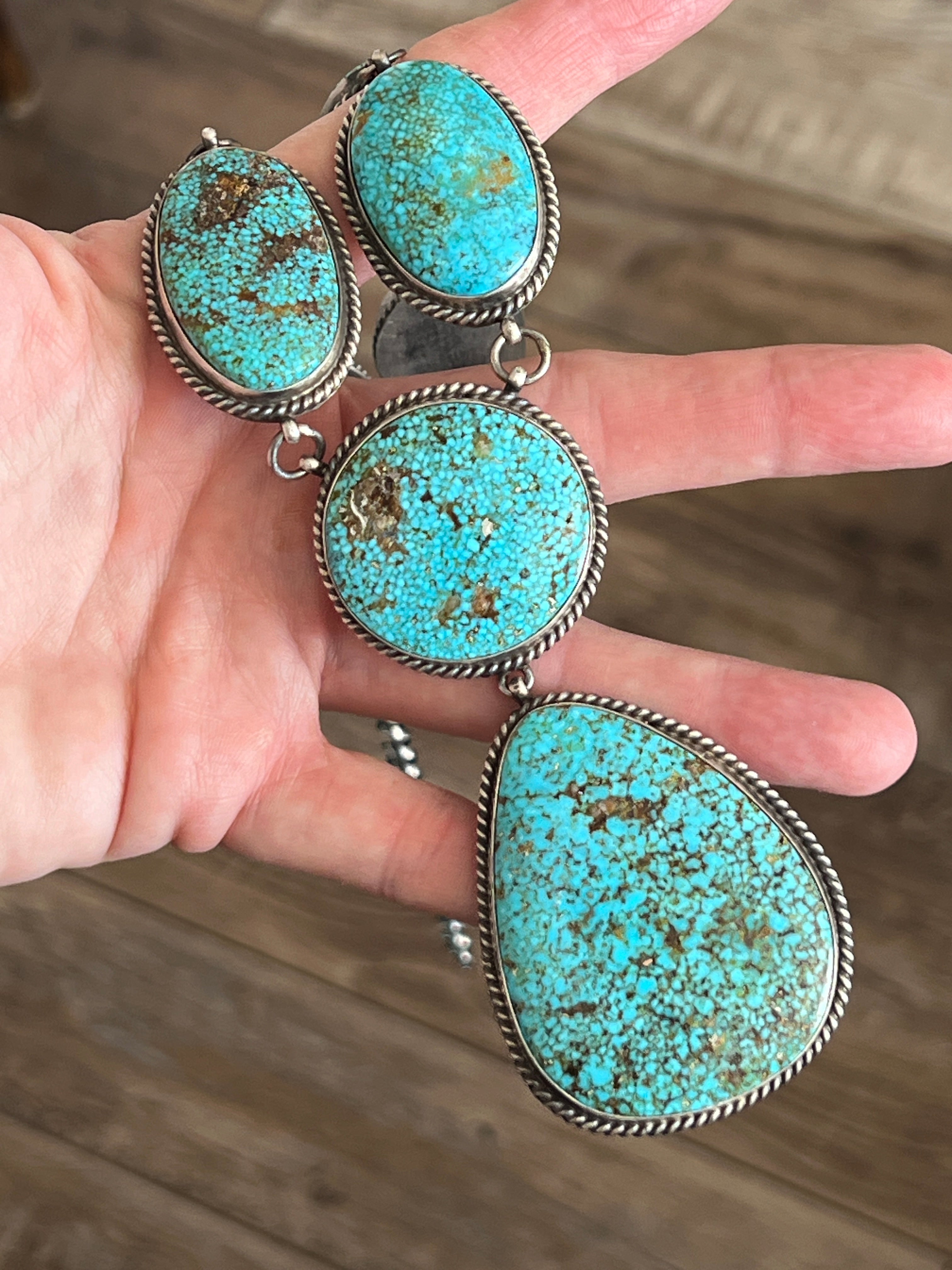 Handcrafted Sterling Silver and Birdseye Kingman Turquoise Y-Style Lariat Necklace and Earrings Set by Peggy Skeets