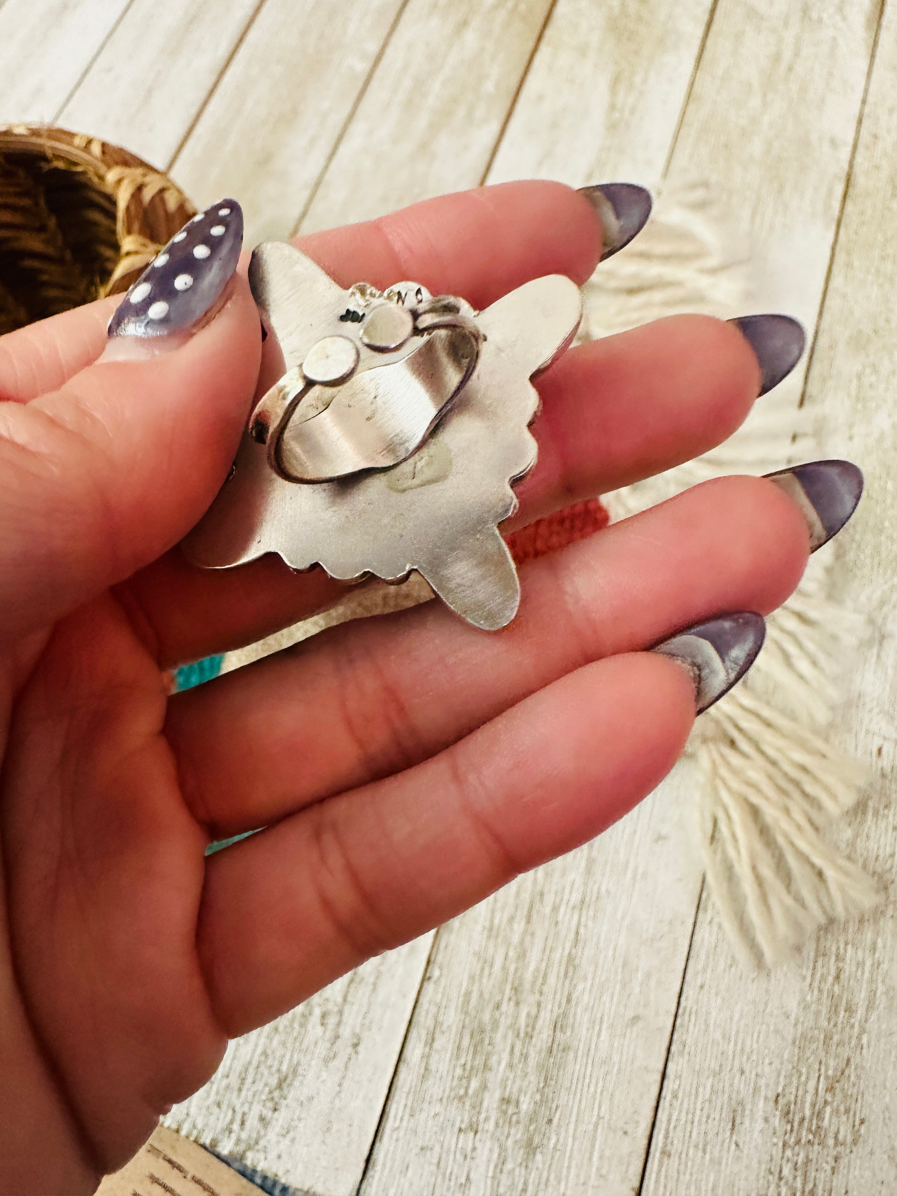 Handcrafted Mother of Pearl, Onyx & Sterling Silver Adjustable Ring by Jacqueline Silver