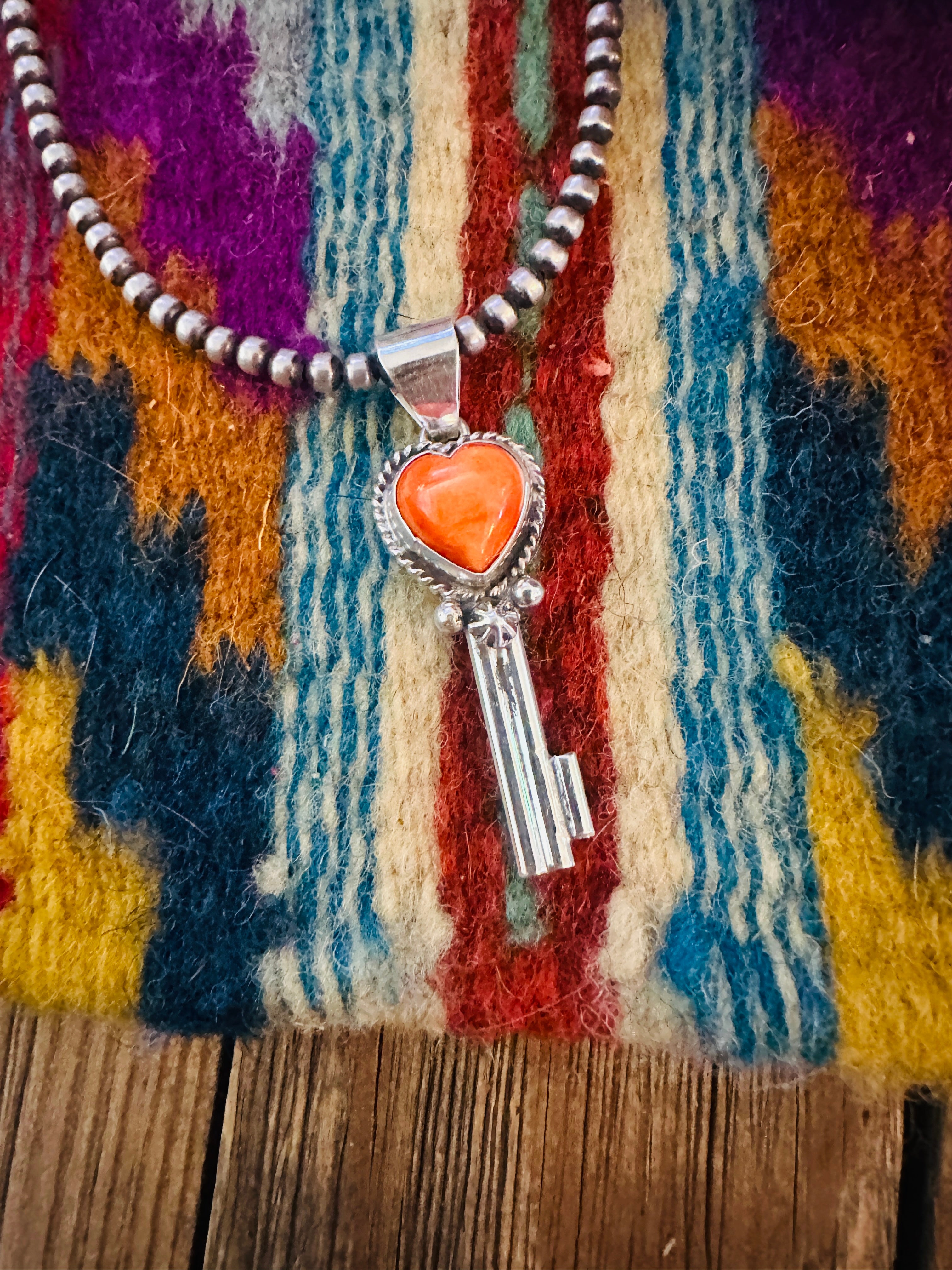 Handcrafted Spiny Oyster & Sterling Silver Heart Key Pendant