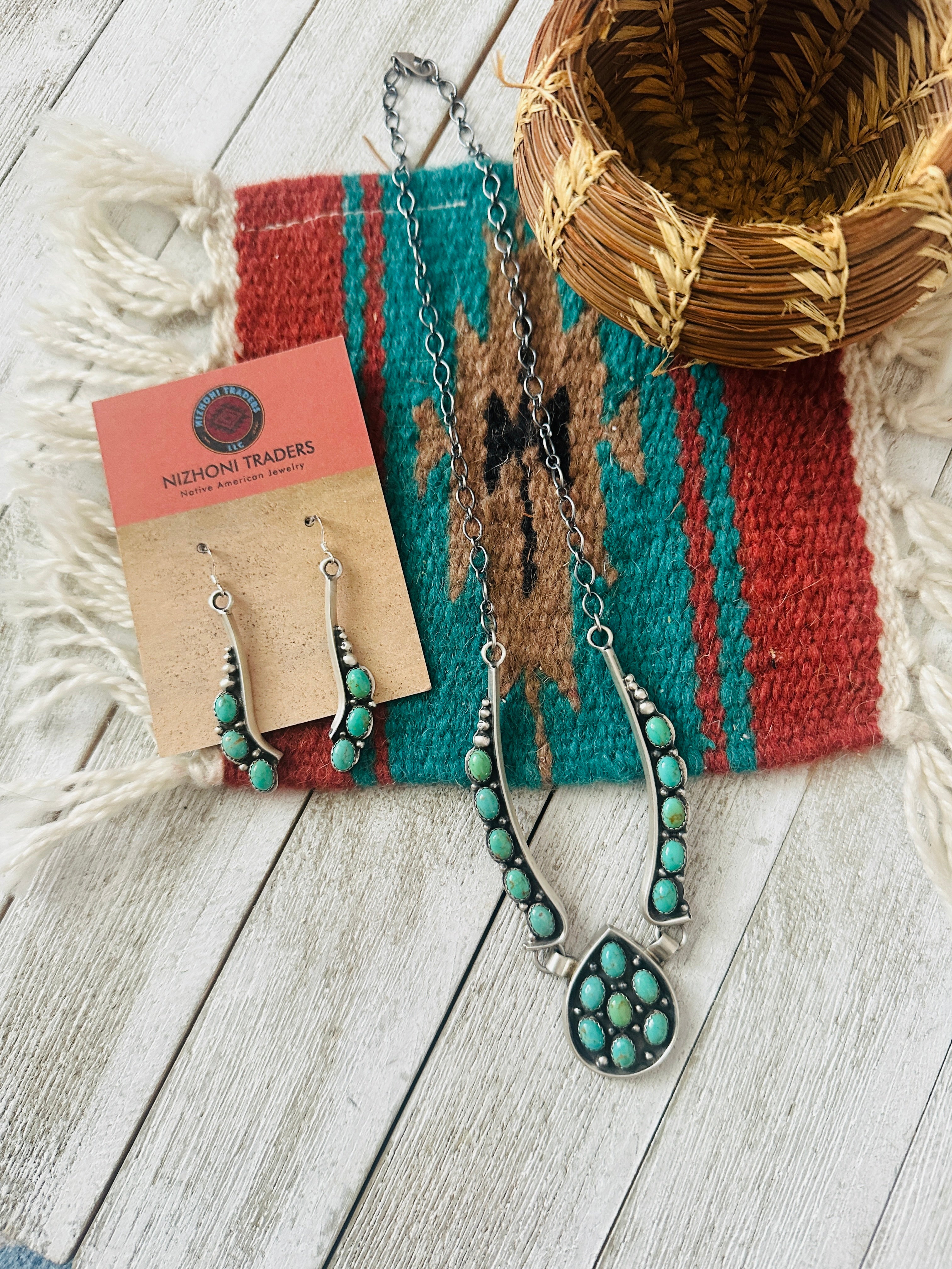 Handcrafted Sterling Silver & Turquoise Cluster Necklace and Earring Set