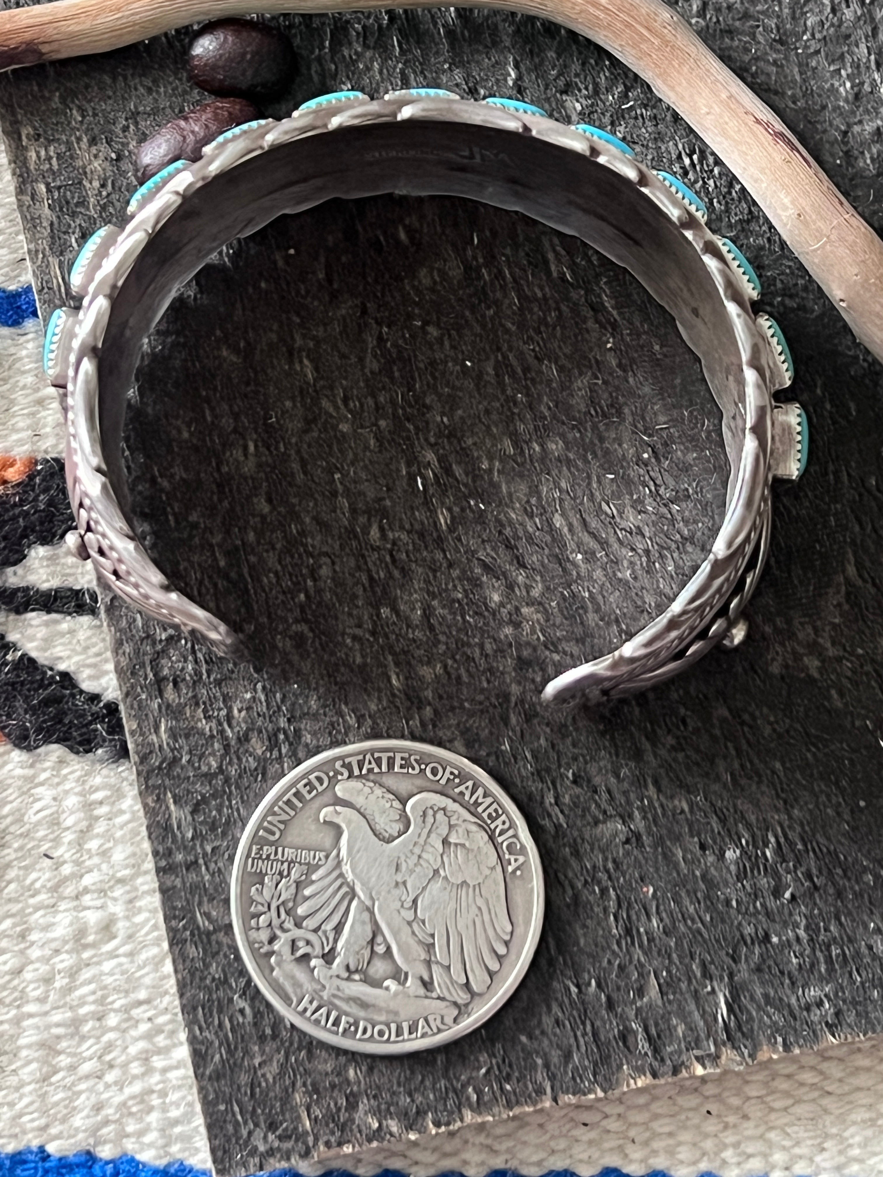 Vintage Sterling Silver and Kingman Turquoise Row Cuff by James Martin