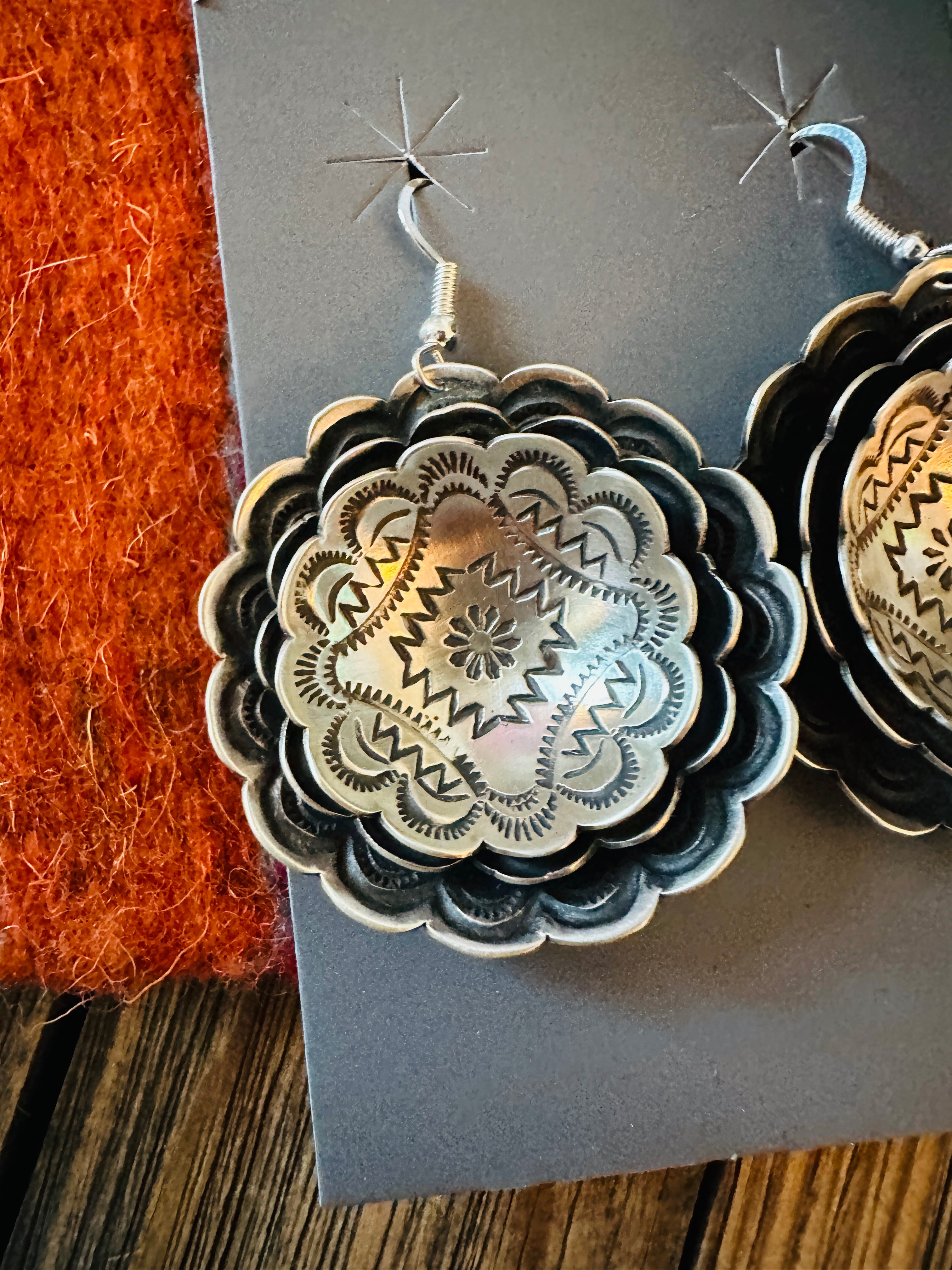 Handcrafted Sterling Silver Concho Dangle Earrings by Leander Tahe