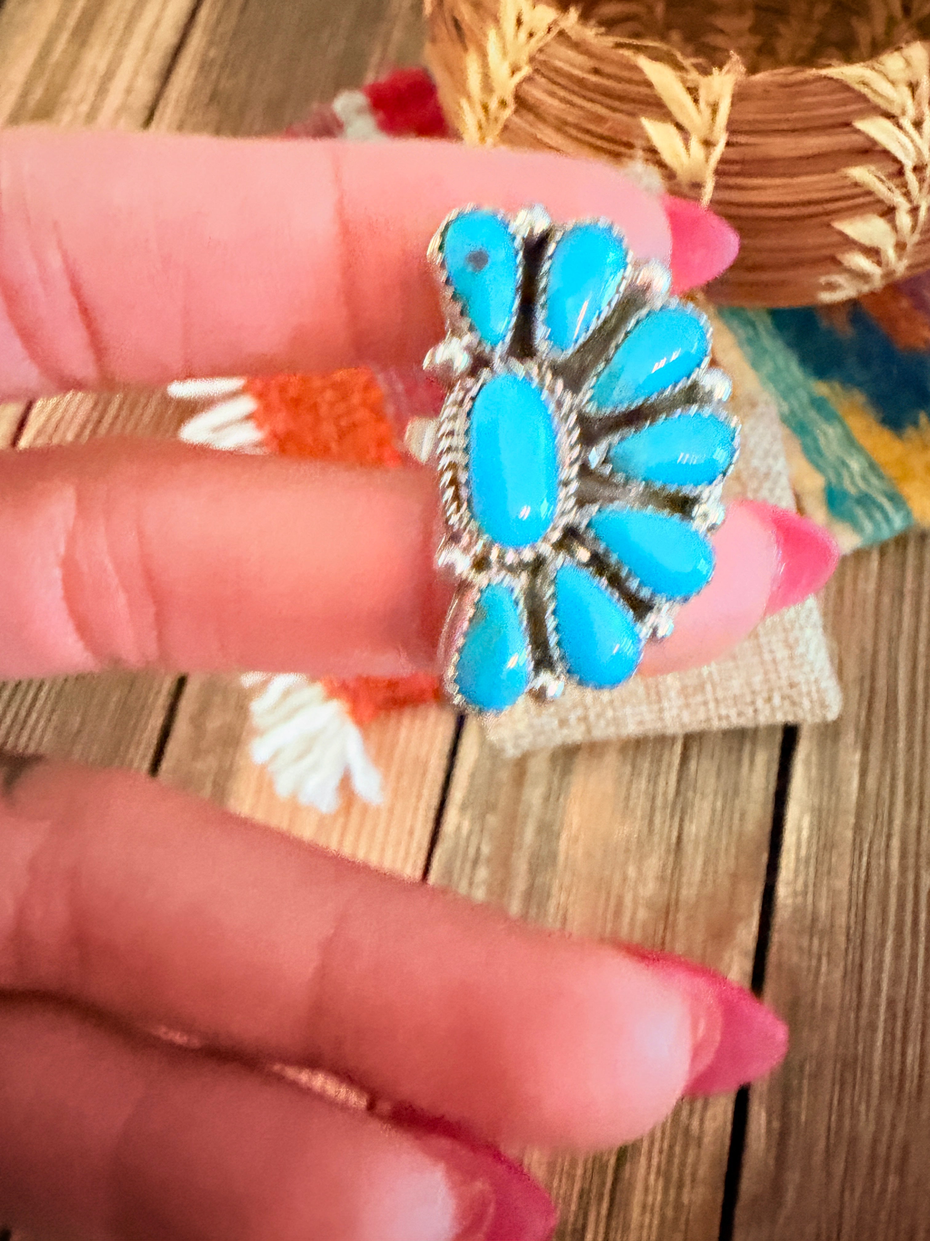 Handcrafted Turquoise & Sterling Silver Adjustable Cluster Ring