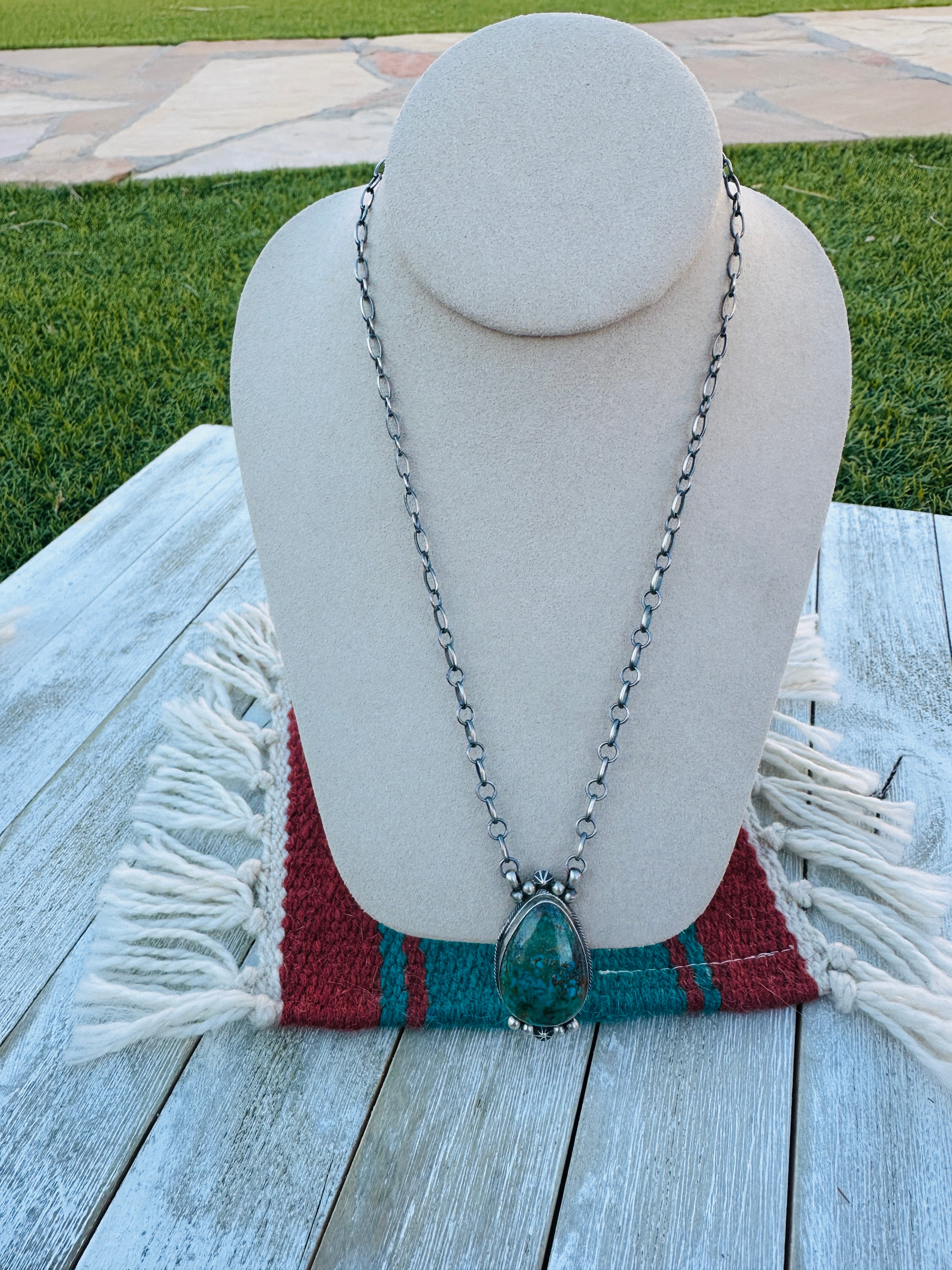 Handcrafted Sterling Silver 18” Link Chain & Turquoise Necklace