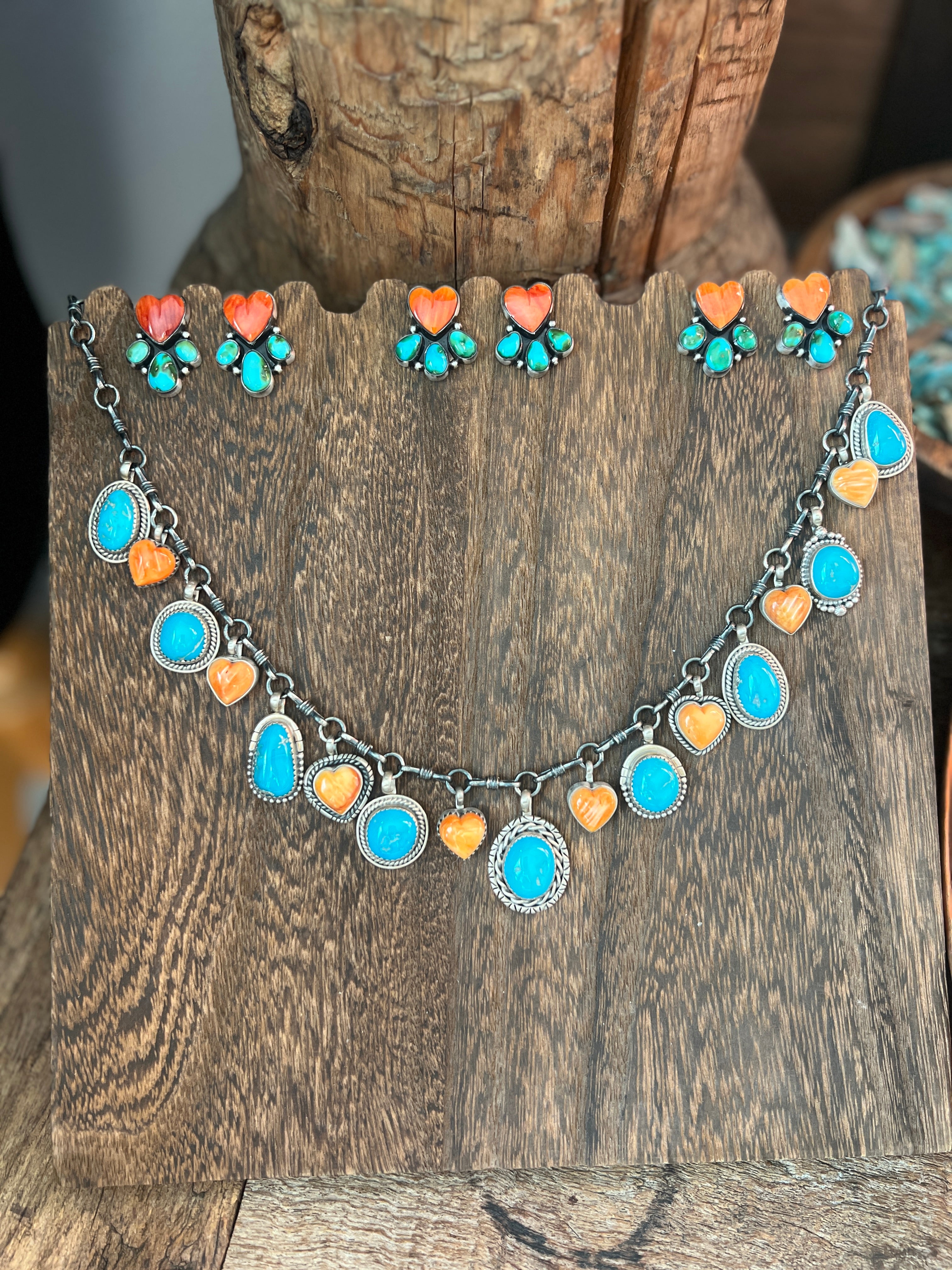 Vibrant Handcrafted Sterling Silver, Sonoran Turquoise and Spiny Oyster Shell Heart Cluster Post Earrings by Lucy Jake