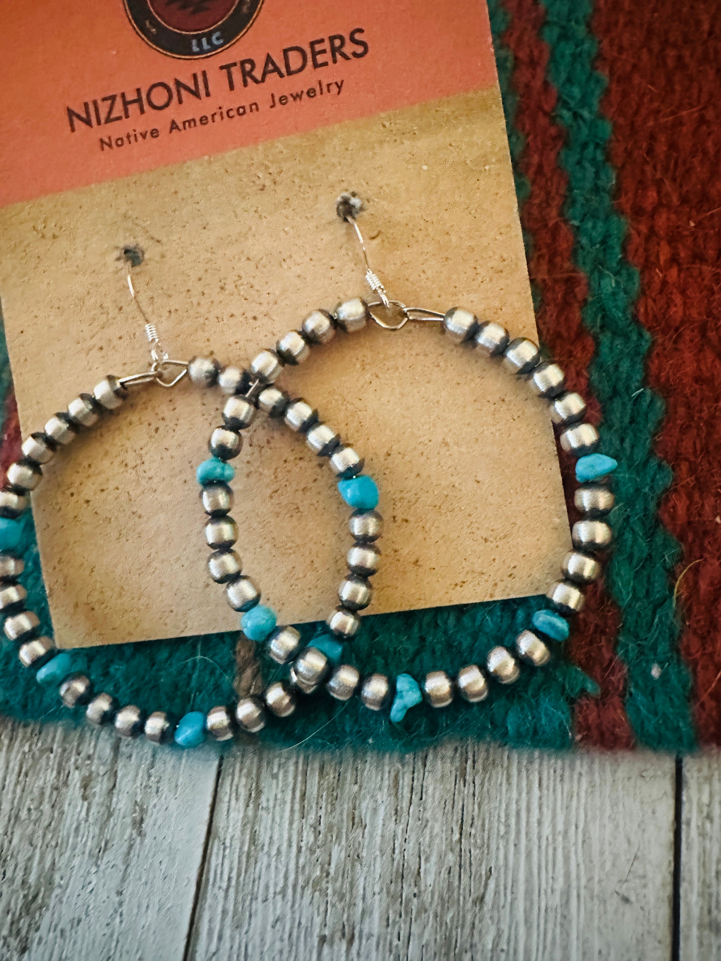 Handcrafted Turquoise & Sterling Silver Beaded Dangle Hoop Earrings