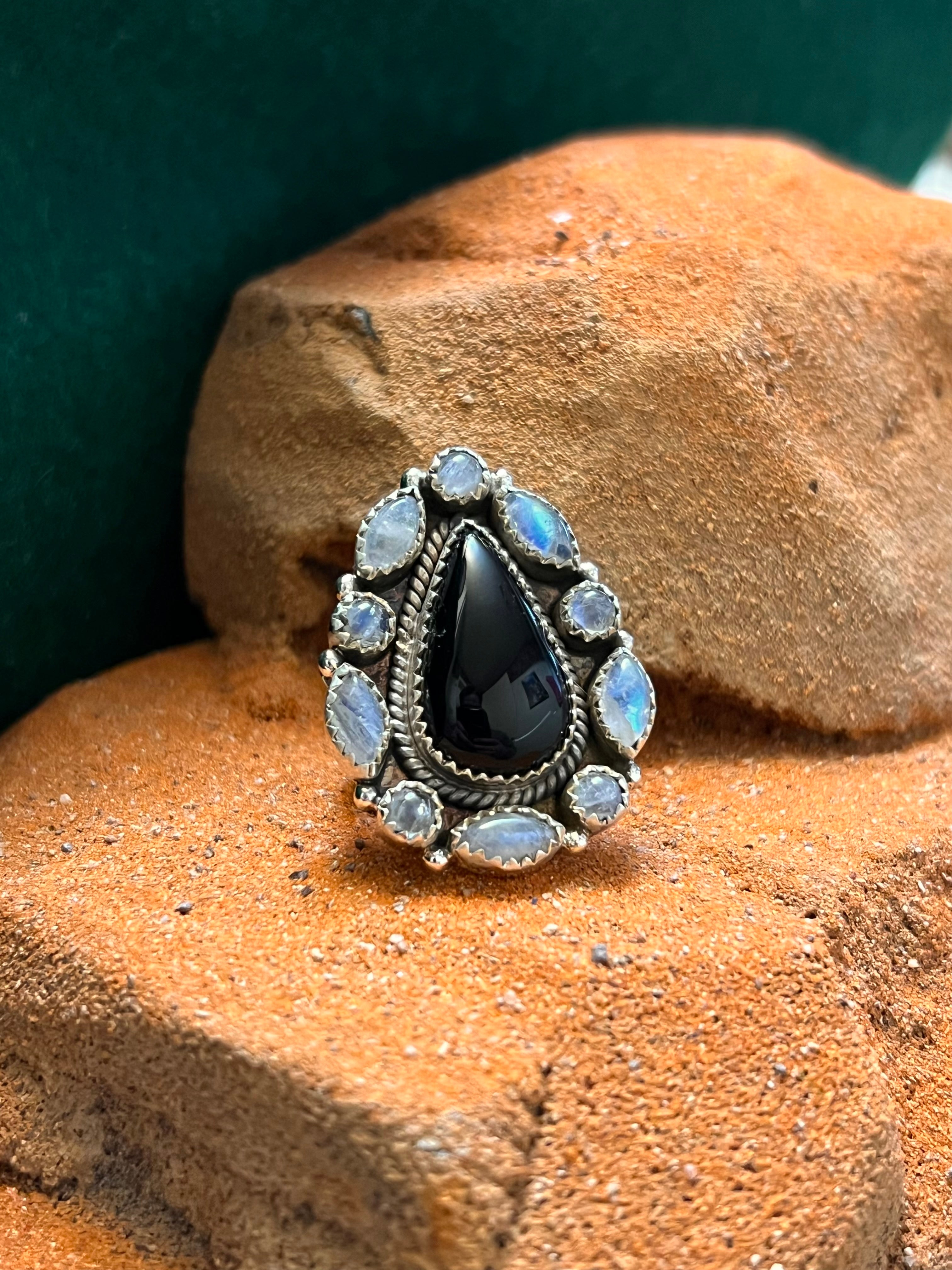 Handmade White Opal & Black Onyx TearDrop Cluster Sterling Silver Adjustable Ring