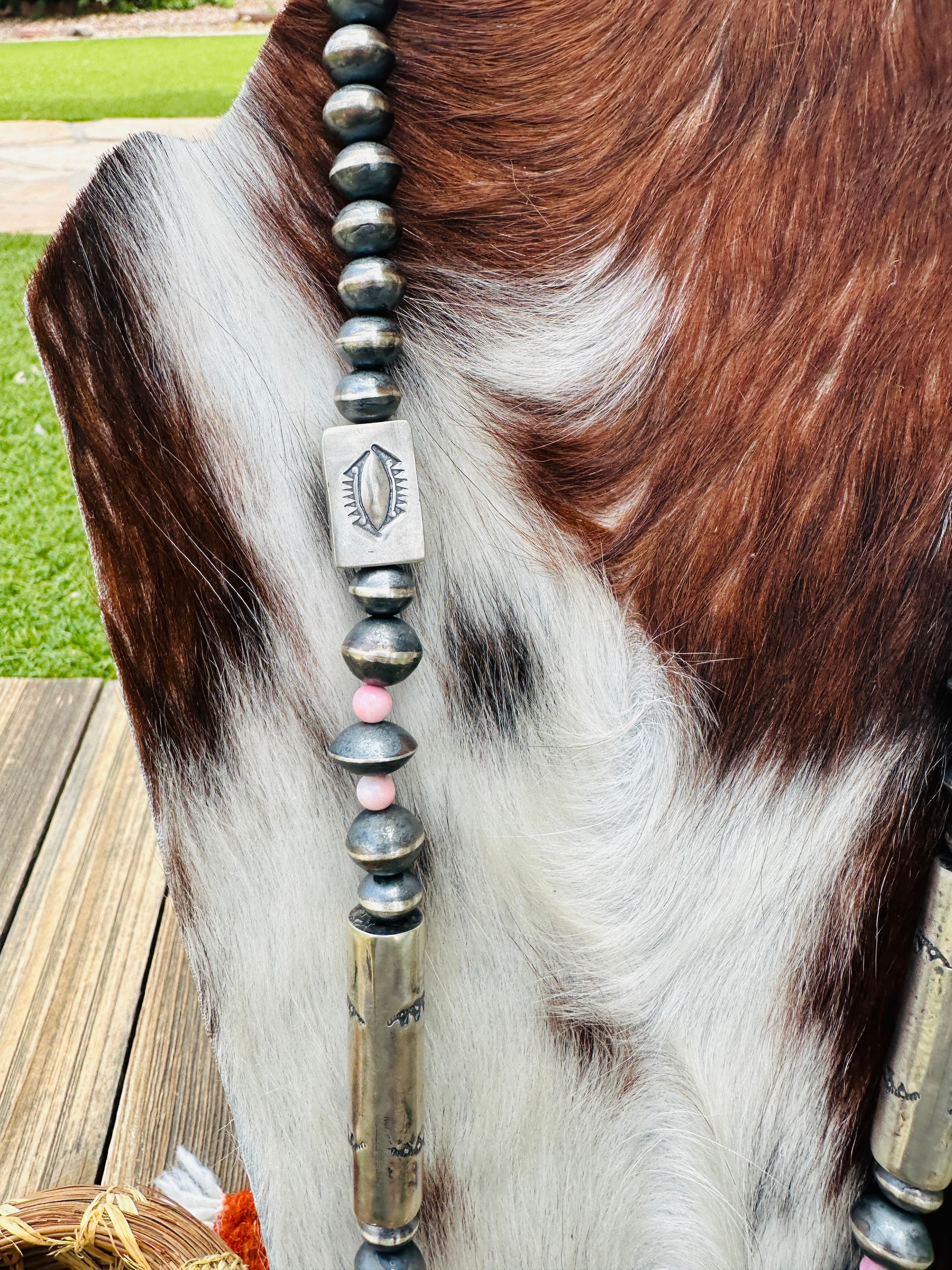 Handcrafted Queen Pink Conch & Hand Stamped Sterling Silver 36” Beaded Necklace