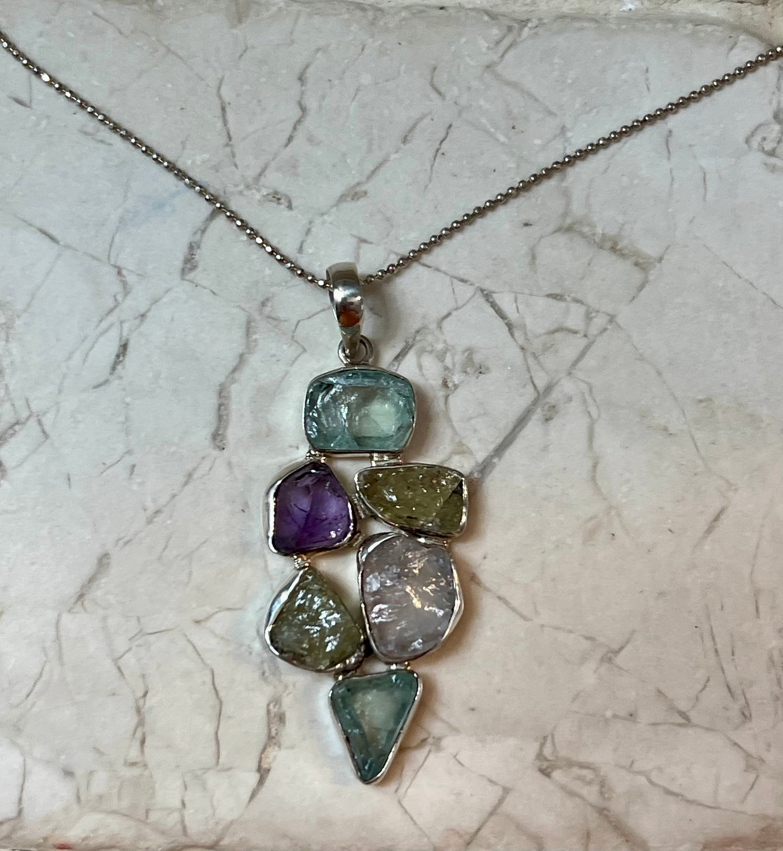 Fluorite Amethyst Pendant Sterling Silver Necklace