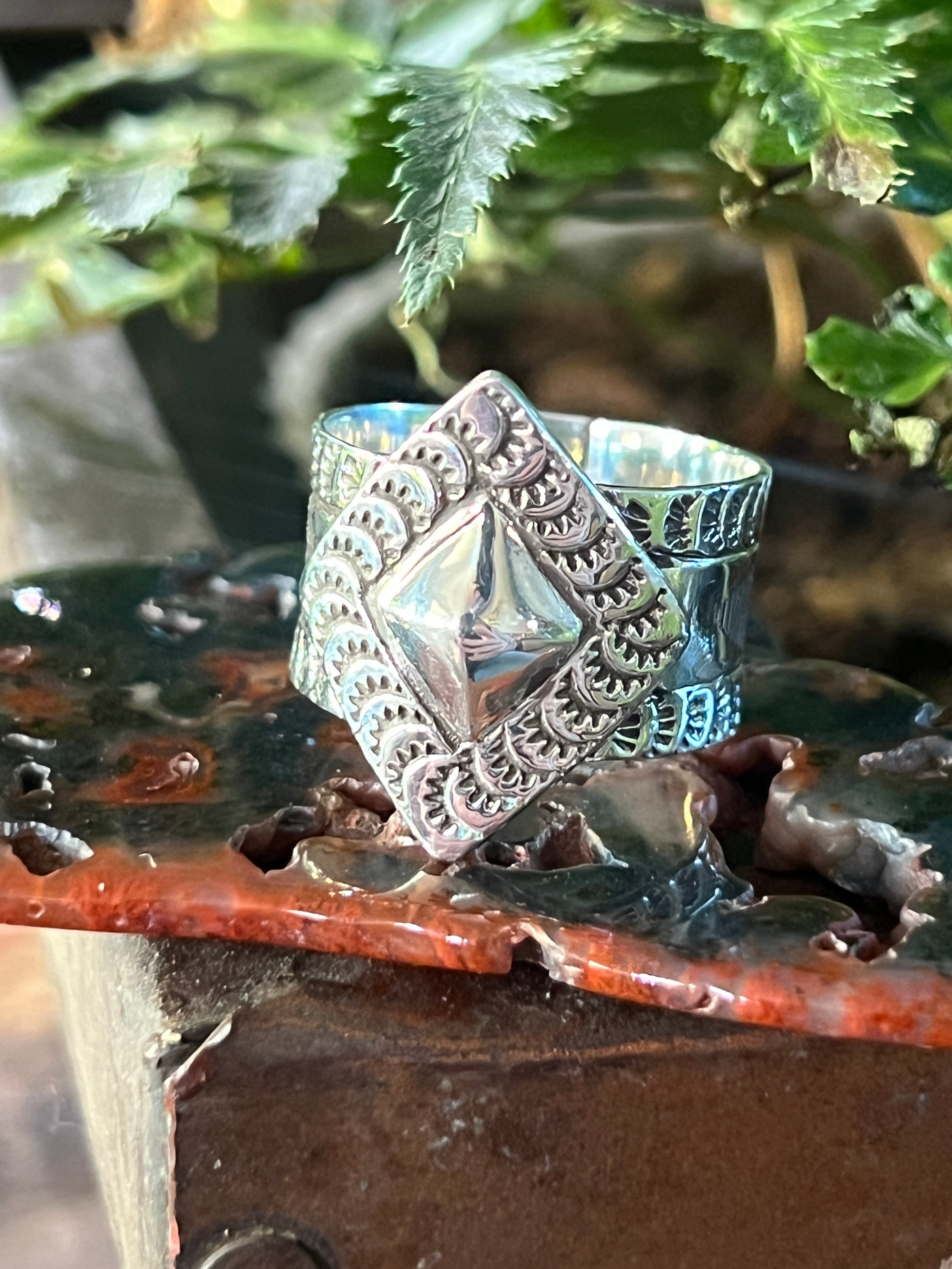 Handcrafted Hand Stamped Sterling Silver Diamond Motif Wide Shank Ring by Shaun Rogers, Size 11.5