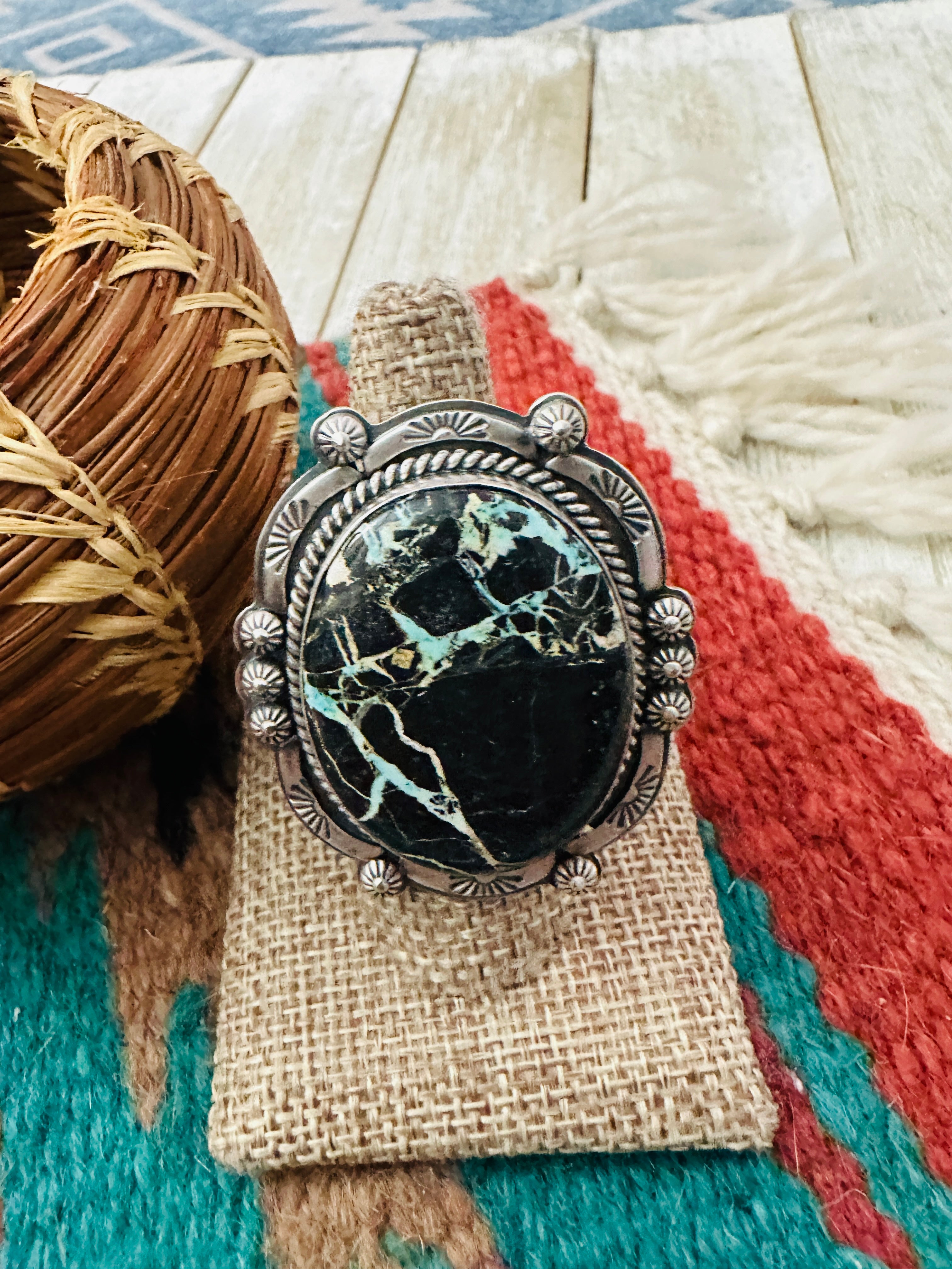 Handcrafted Blackjack Turquoise & Sterling Silver Adjustable Ring
