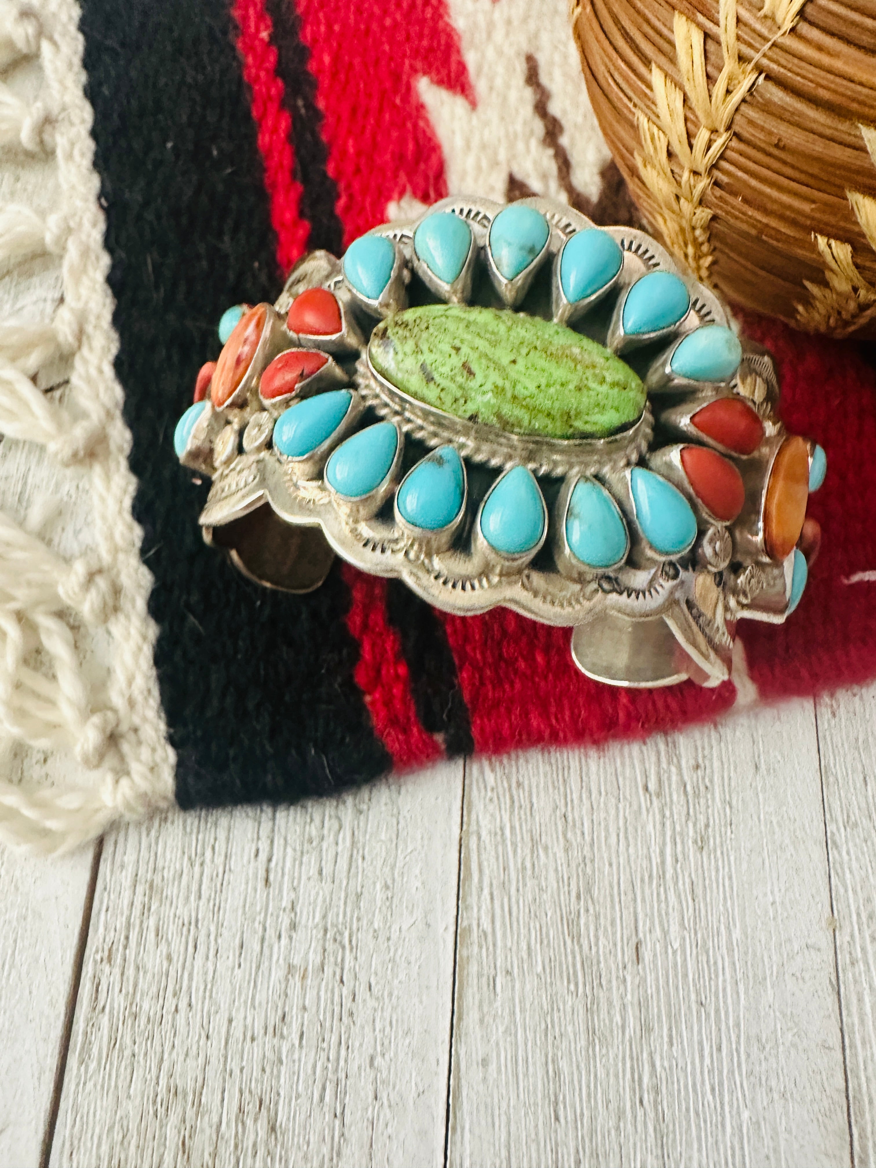 Bobby Johnson Turquoise, Spiny Sterling Silver Cuff Bracelet /