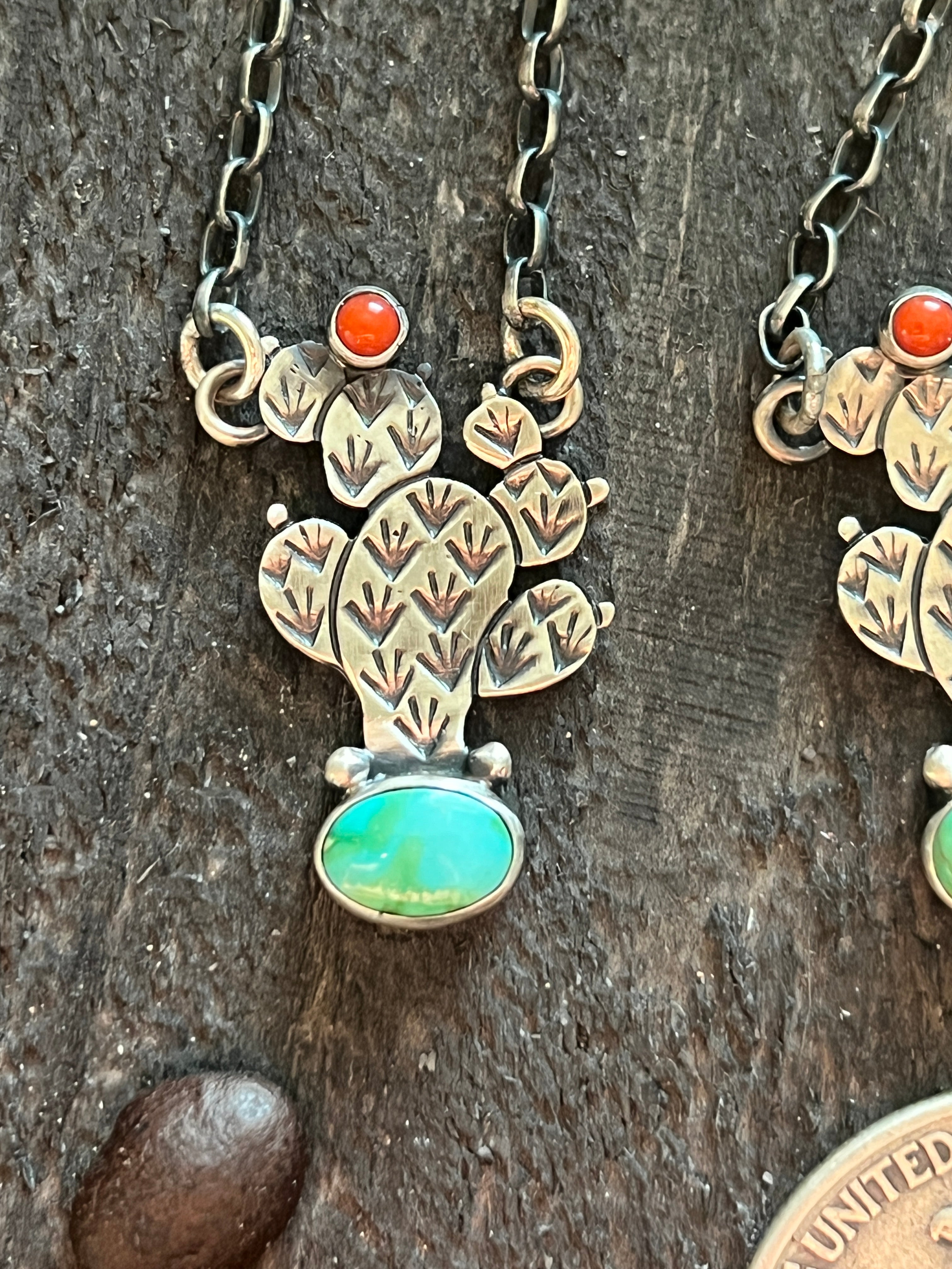 Handcrafted Petite Sterling Silver, Turquoise and Coral Cactus Link Chain Necklace, 16” + 1.5”