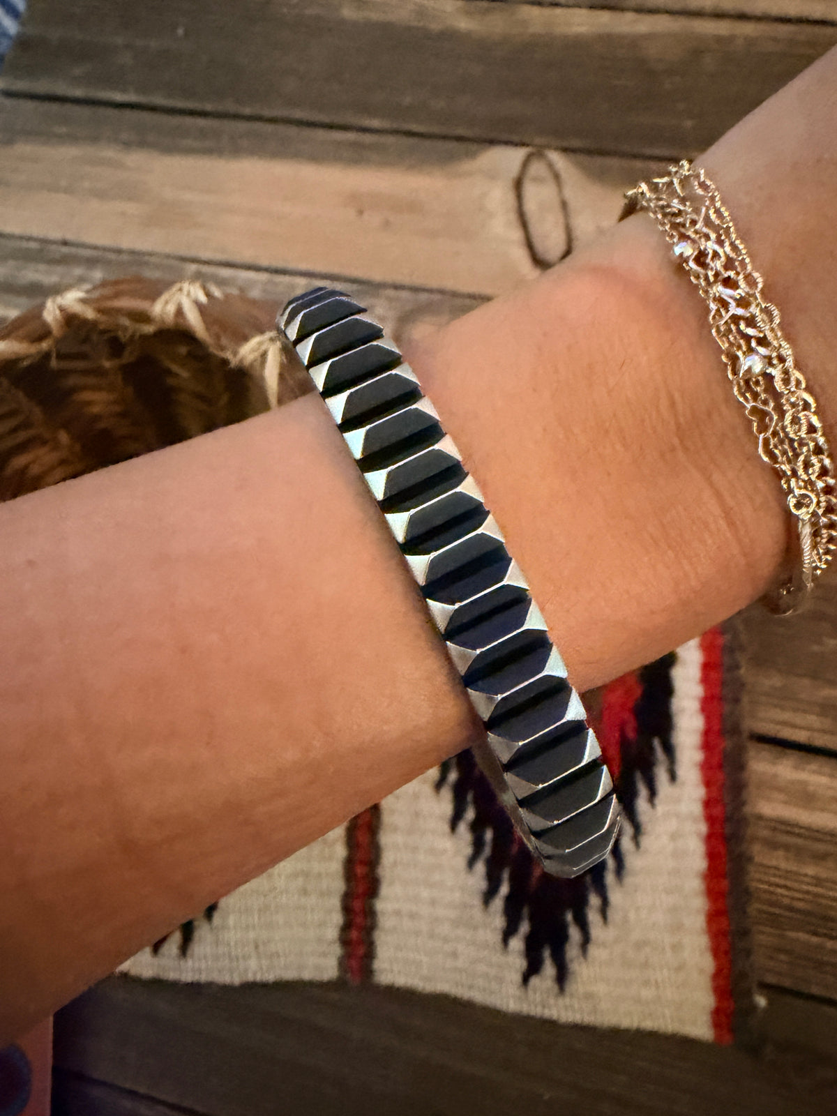 Hand Stamped Sterling Silver Cuff Bracelet by Leander Tahe