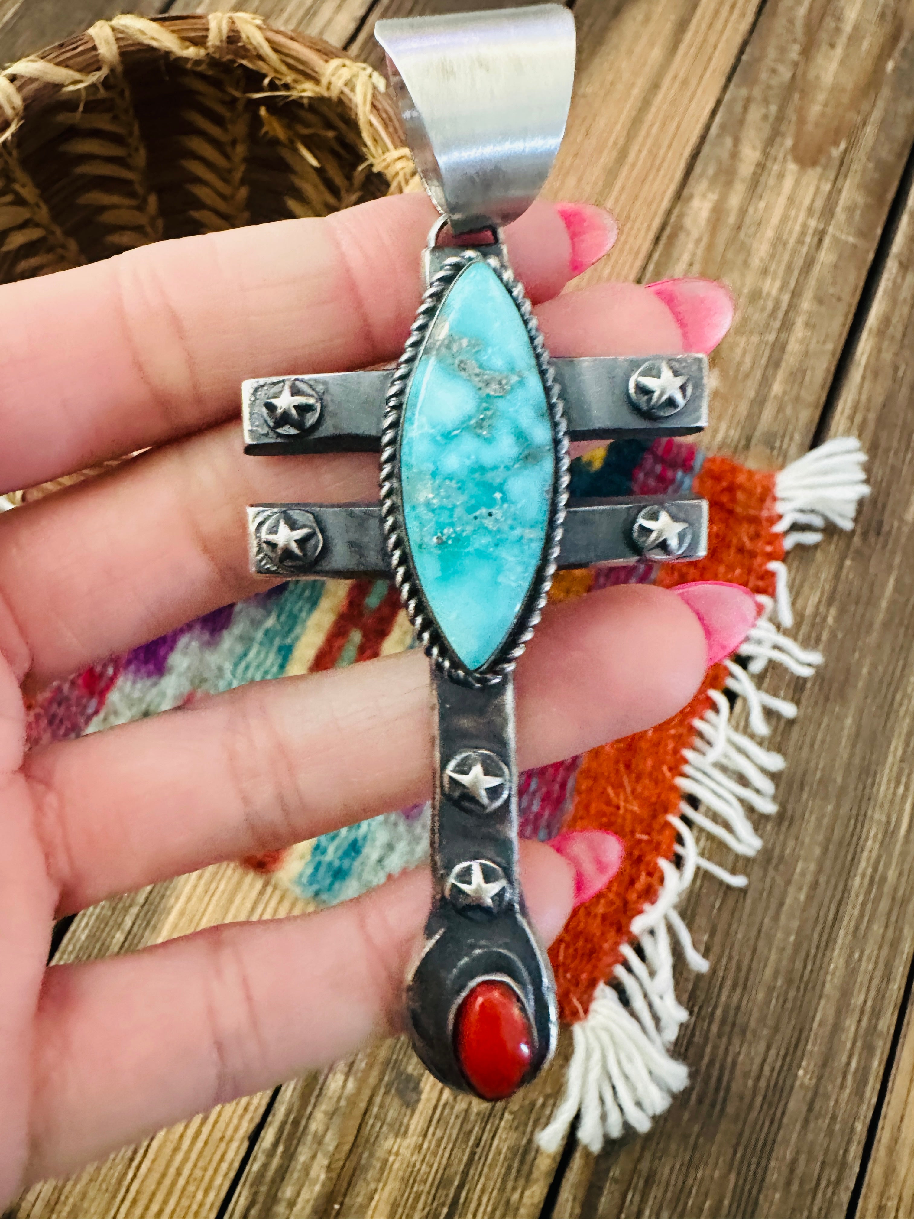 Handcrafted Sterling Silver, Turquoise & Coral Dragonfly Pendant by Chimney Butte