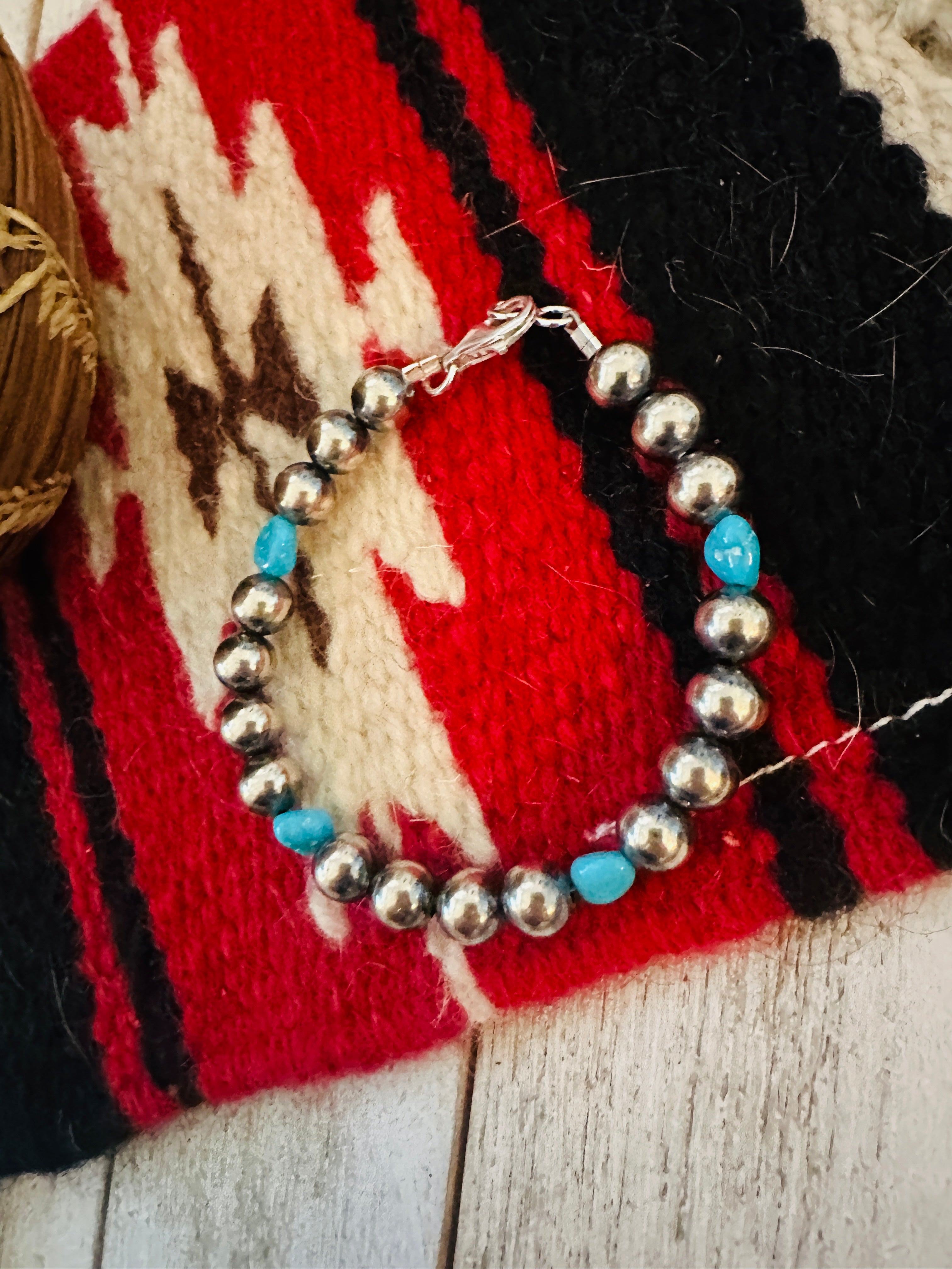 Handcrafted Turquoise & Sterling Silver Pearl Beaded Bracelet