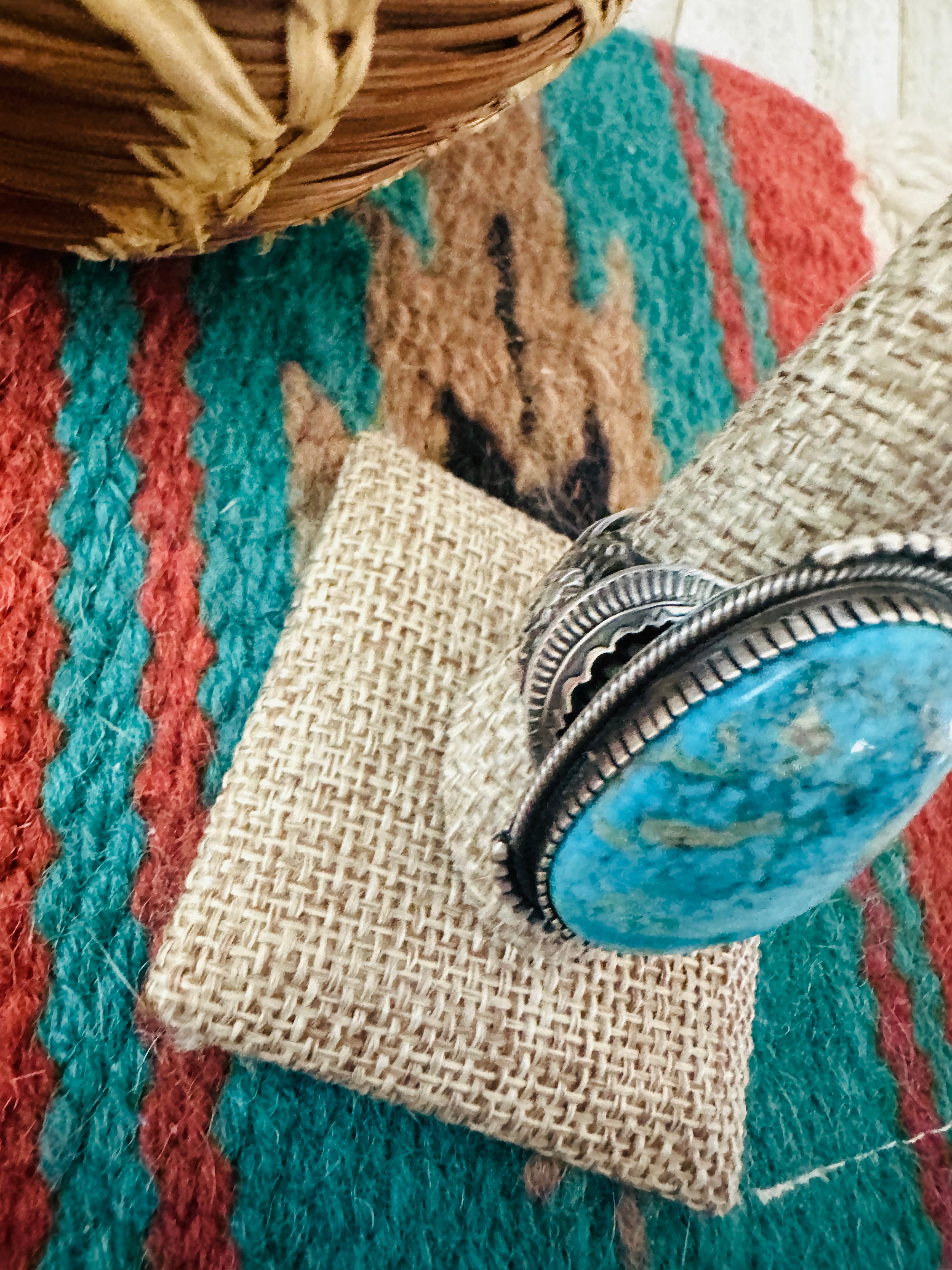 Old Pawn Handcrafted Turquoise & Sterling Silver Ring Size 12