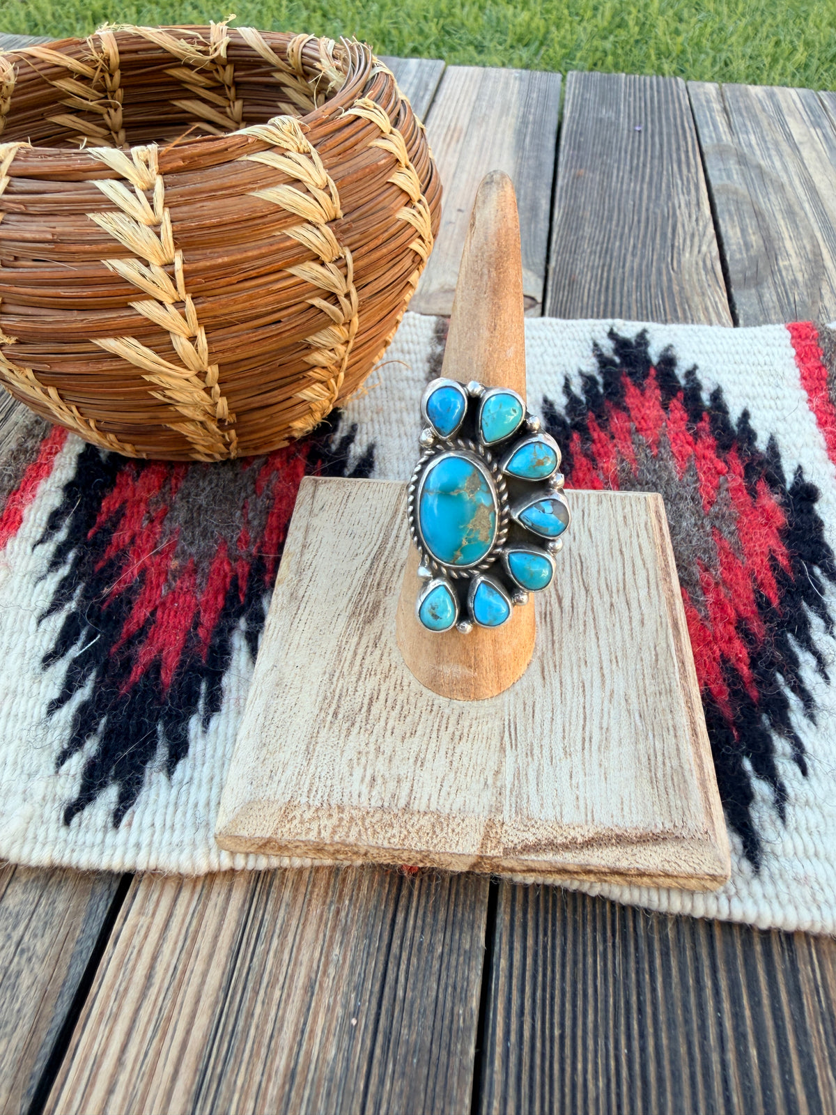 Handcrafted Turquoise & Sterling Silver Cluster Adjustable Ring by Geraldine James