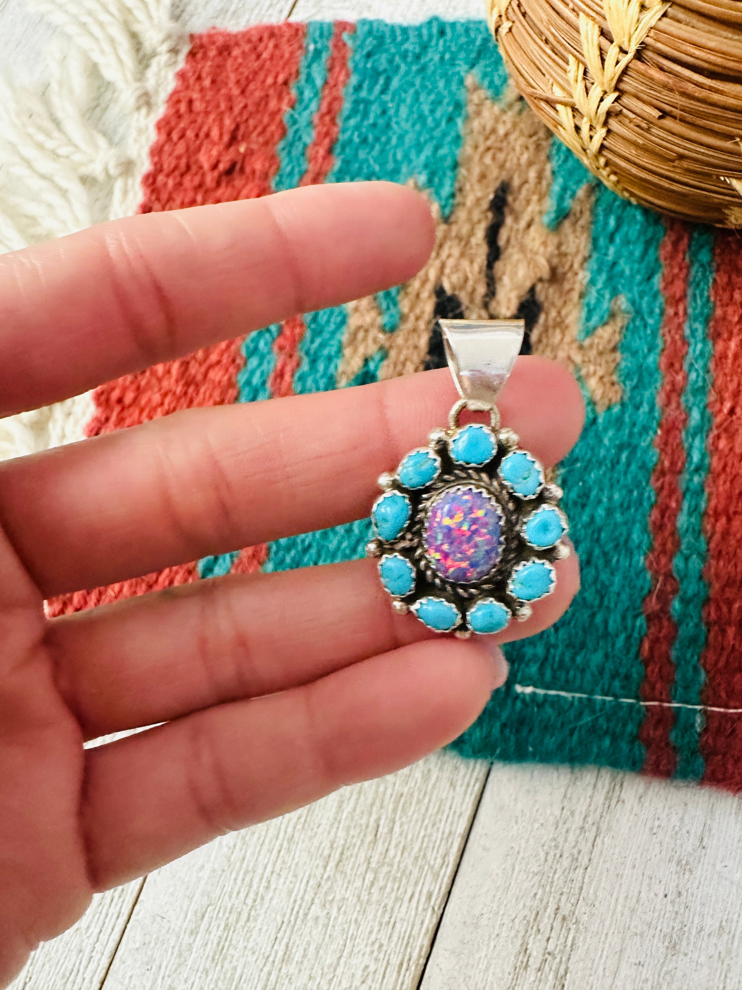 Handcrafted Turquoise, Opal & Sterling Silver Cluster Pendant