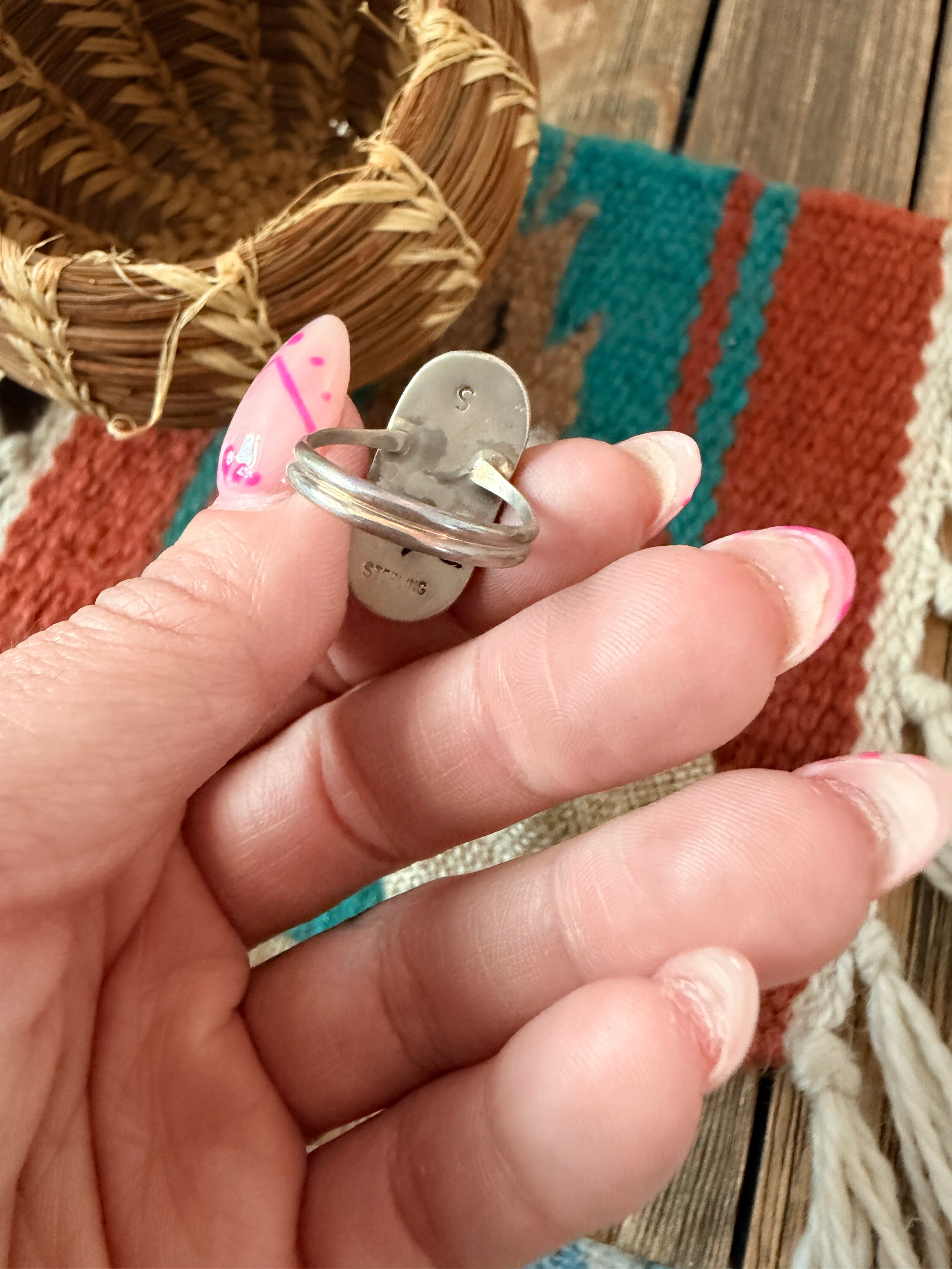 Old Pawn Handcrafted Turquoise, Opal & Sterling Silver Inlay Ring Size 7