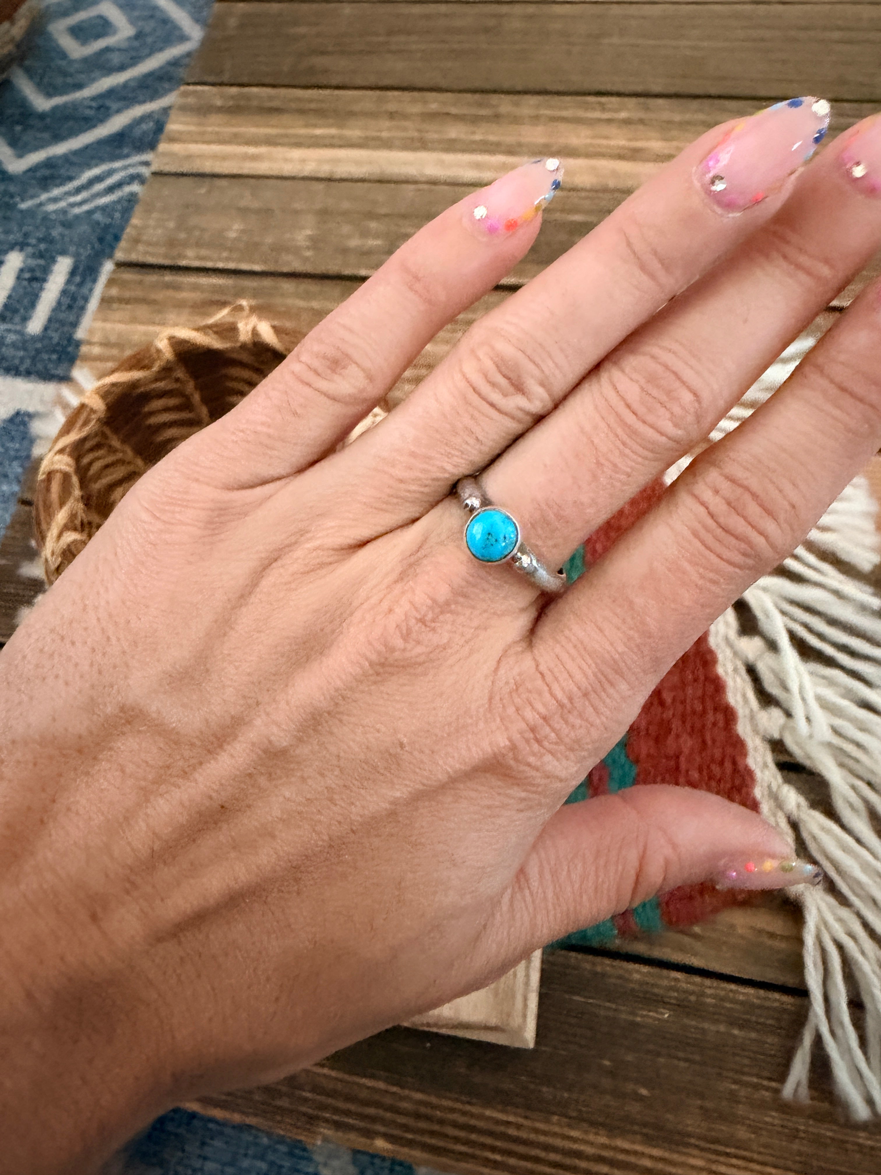 Handcrafted Turquoise & Sterling Silver Band Ring Size 7