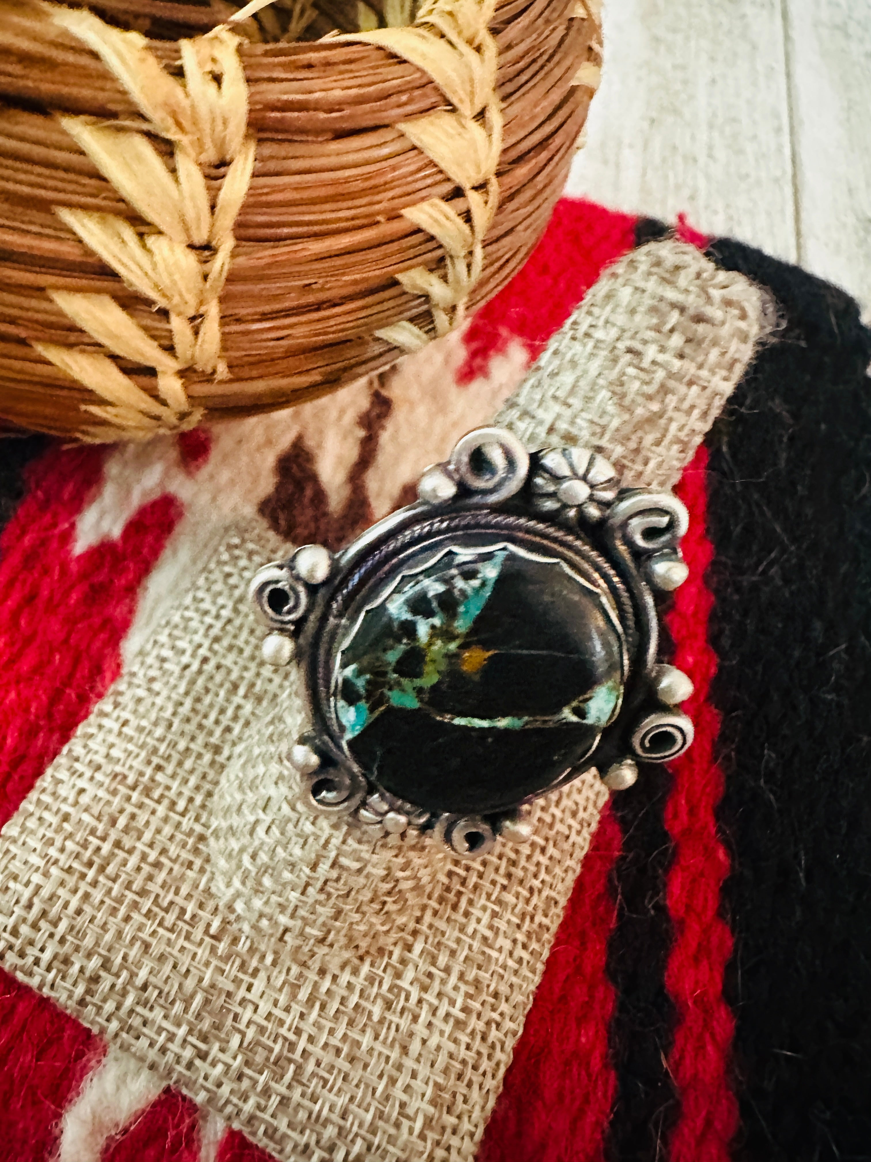 Handcrafted Blackjack Turquoise & Sterling Silver Ring Size 7.5 by Jamison Hoskie