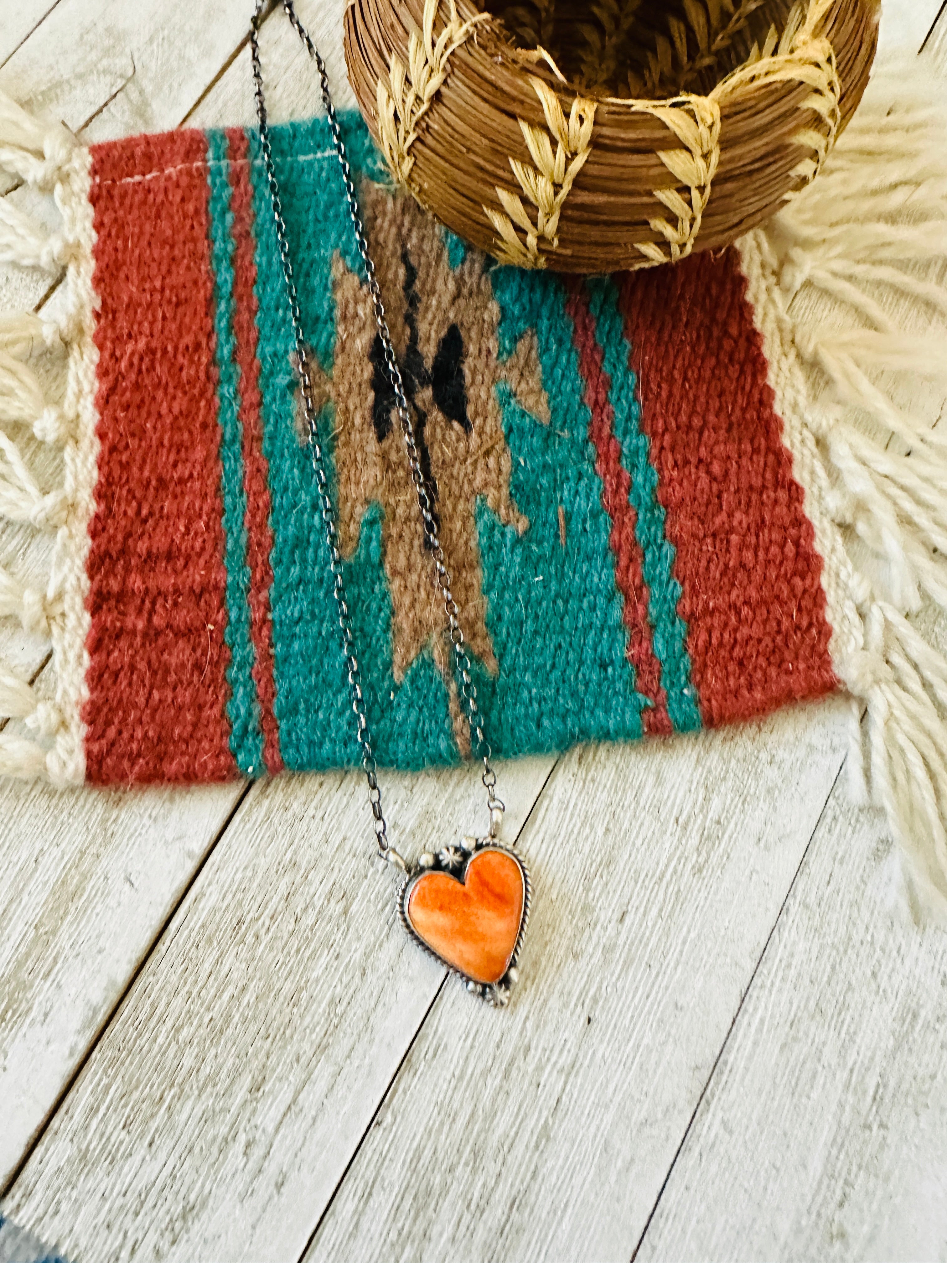 Handcrafted Sterling Silver & Orange Spiny Heart Necklace