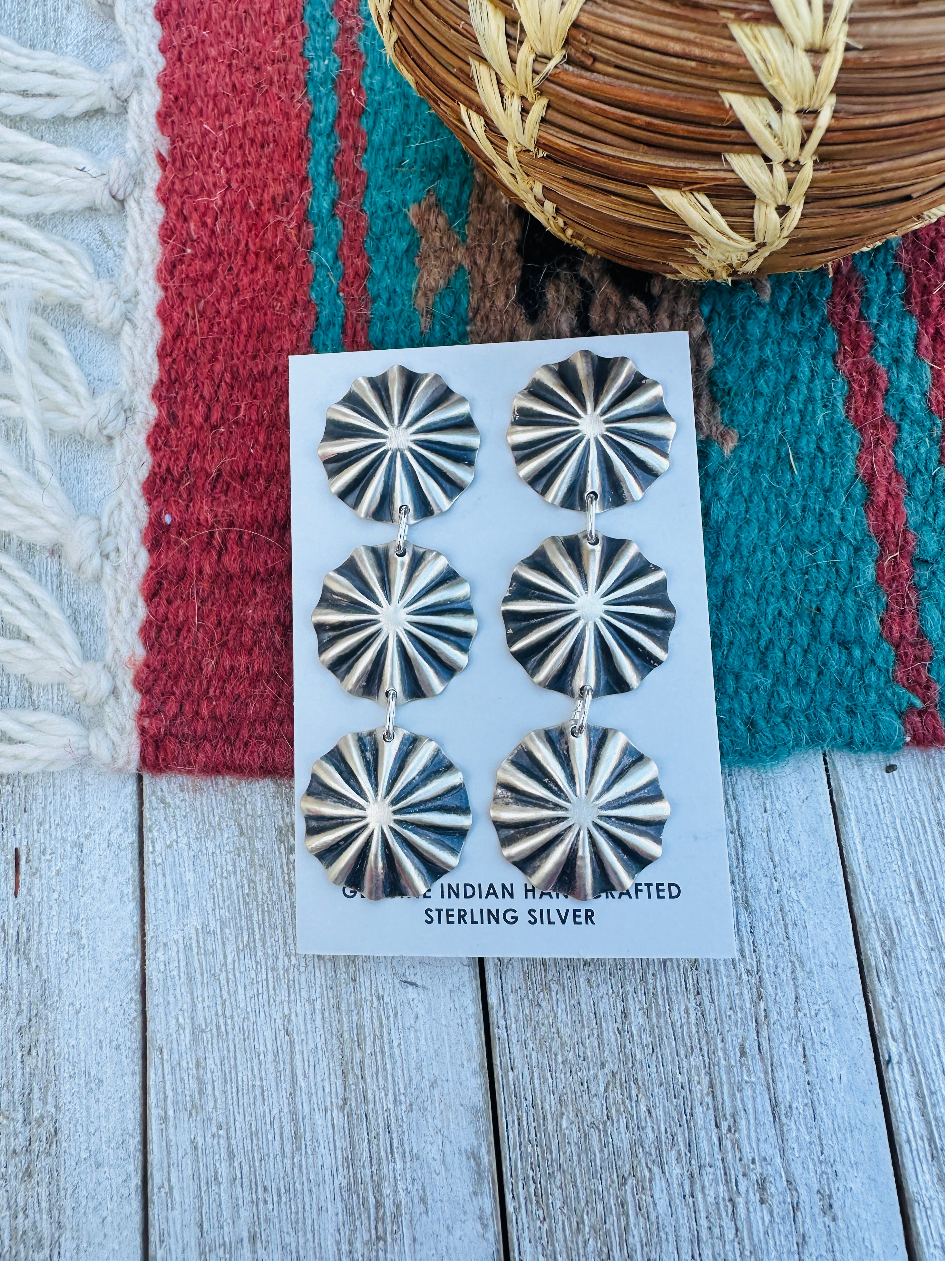 Handcrafted Hand Stamped Sterling Silver Concho Dangle Earrings