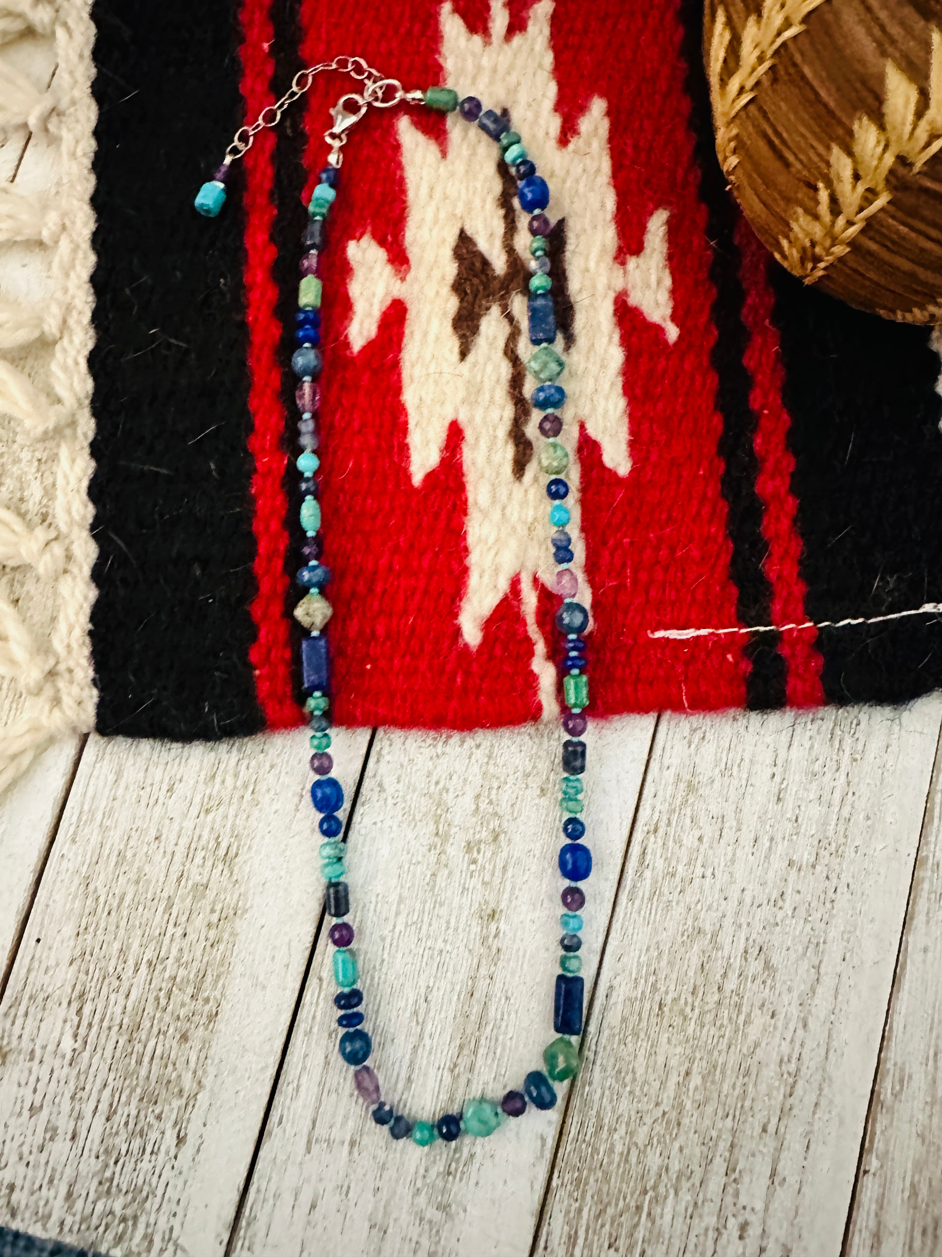 Handcrafted Multi Stone & Sterling Silver Pearl Beaded 17”Necklace w/ 3” extender