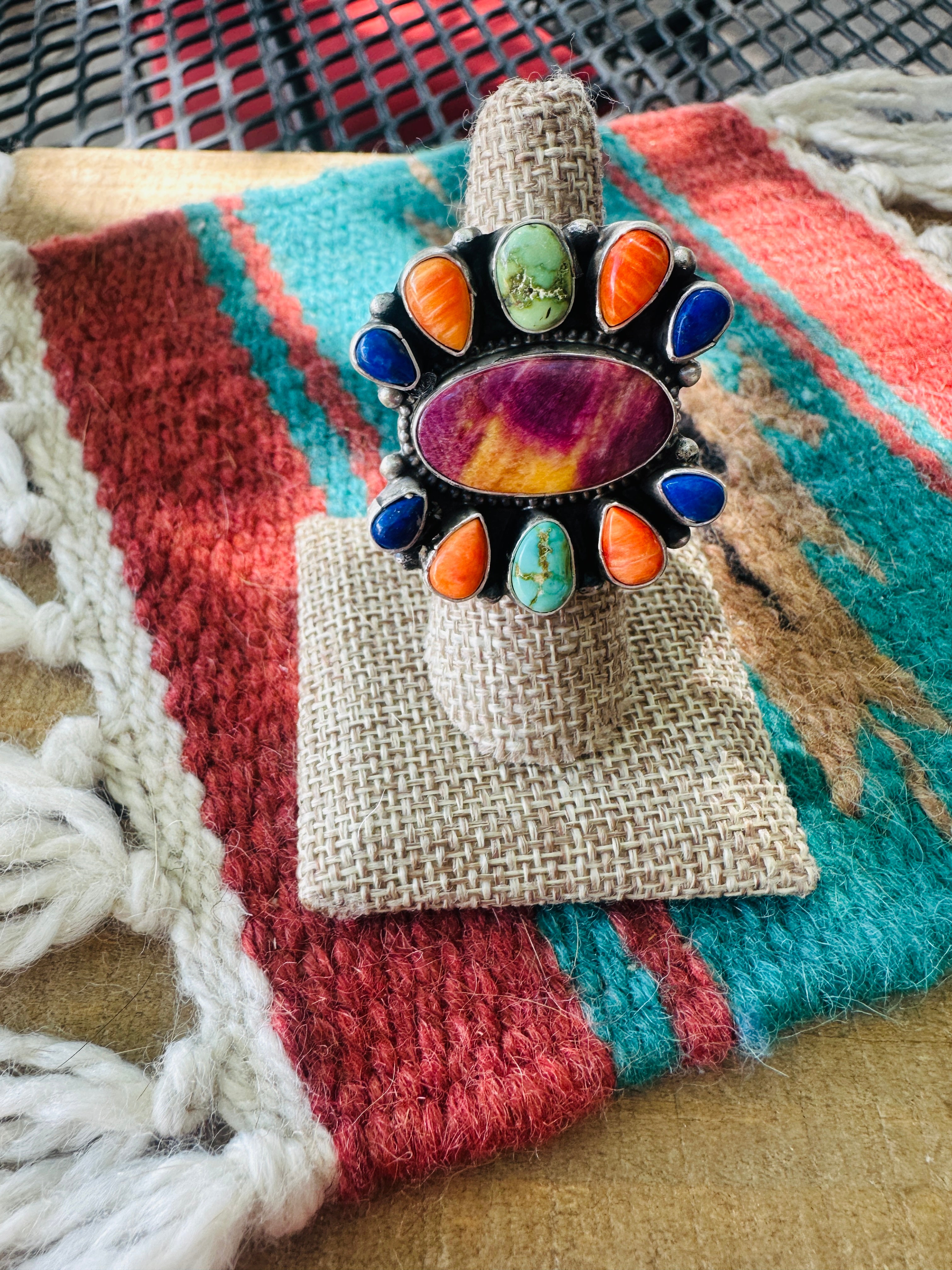 Handcrafted Sterling Silver & Multi Stone Cluster Adjustable Ring