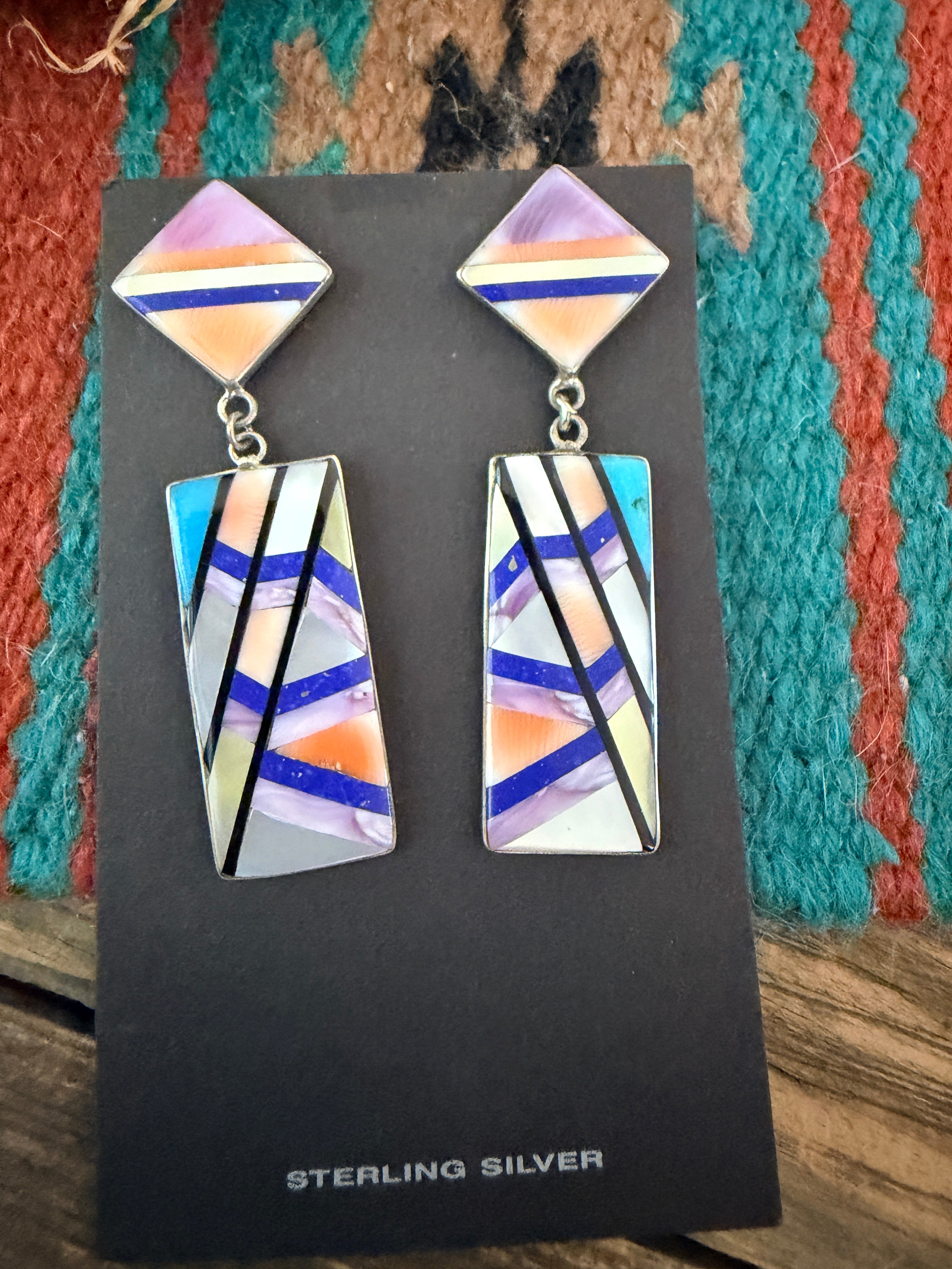Old Pawn Handcrafted Sterling Silver & Multi Stone Inlay Dangle Earrings