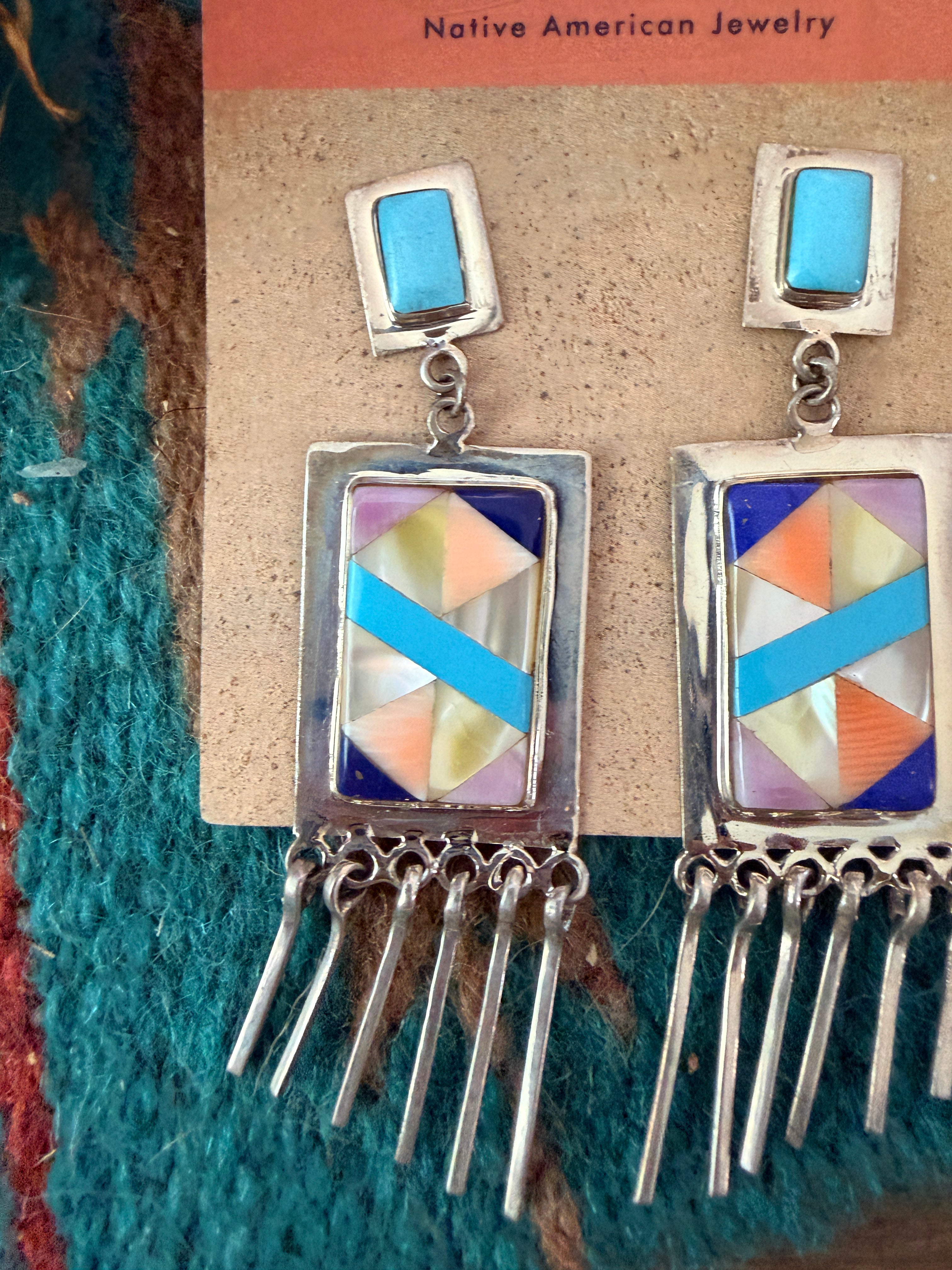 Old Pawn Handcrafted Sterling Silver & Multi Stone Inlay Tassel Dangle Earrings