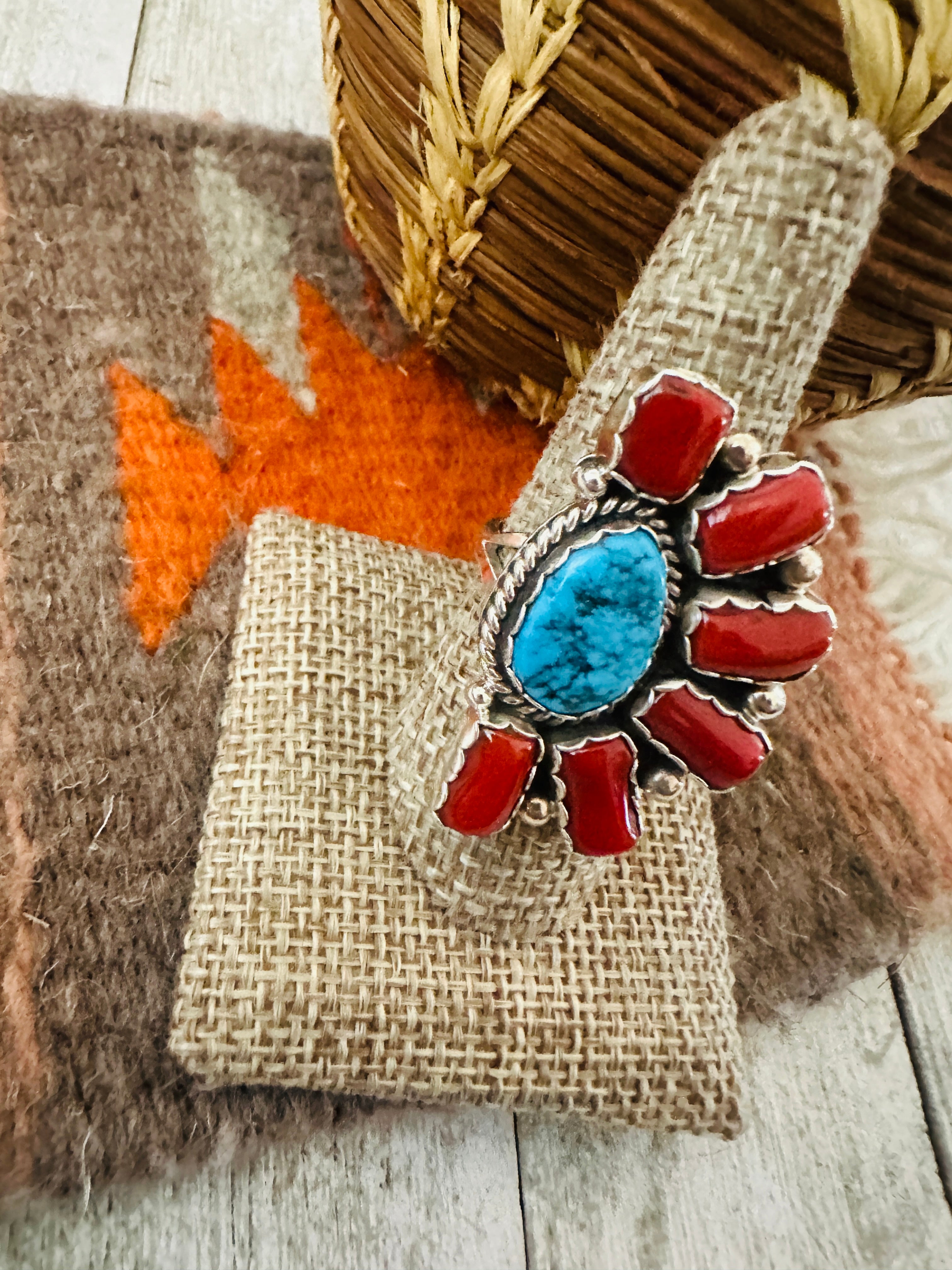 Handcrafted Turquoise, Coral & Sterling Silver Cluster Ring by Julia Etsitty