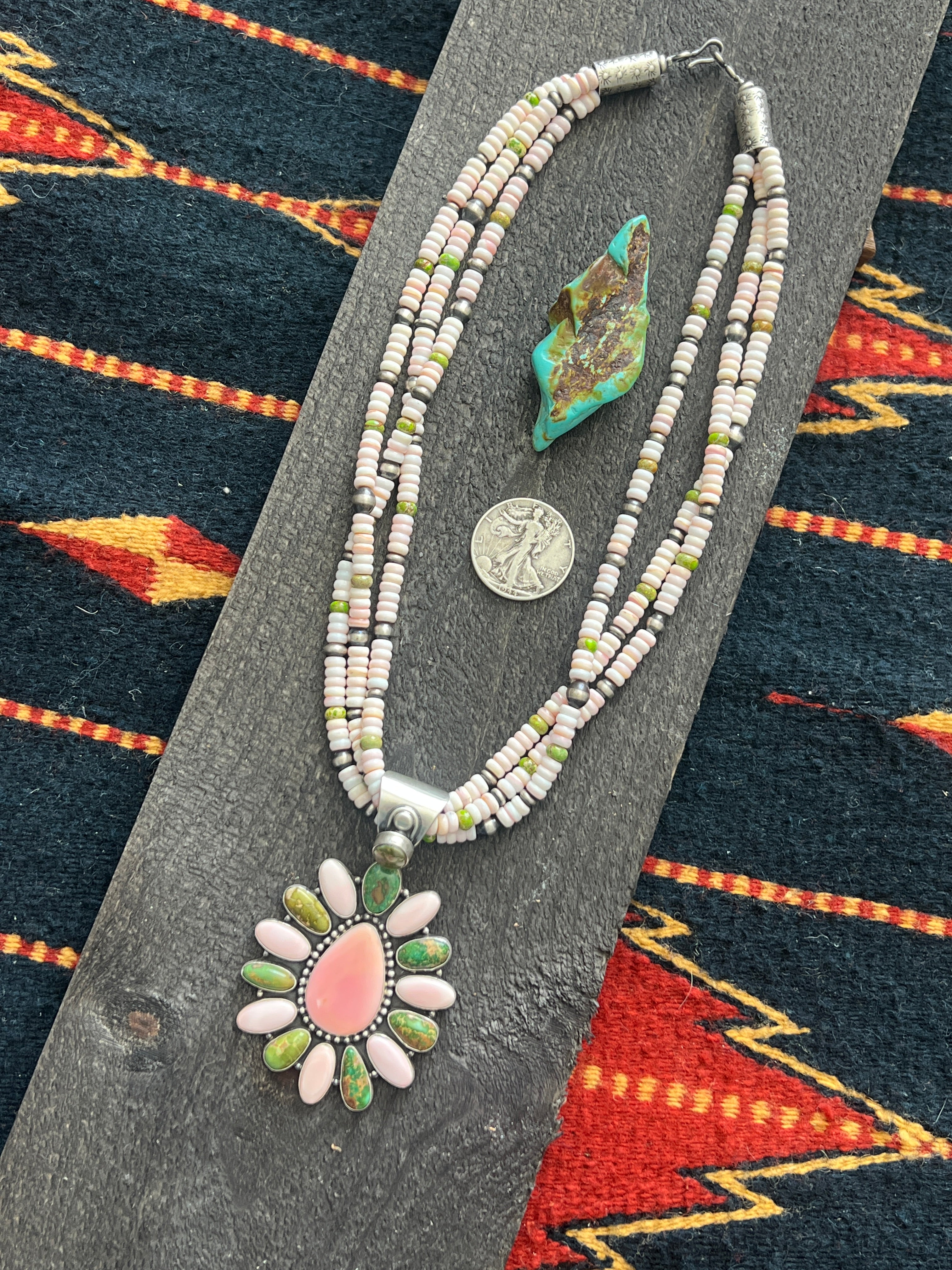 Handcrafted Sonoran Gold Turquoise, Sterling Silver and Pink Conch Cluster Pendant w/ Beaded Multistrand Necklace by Patrick Yazzie