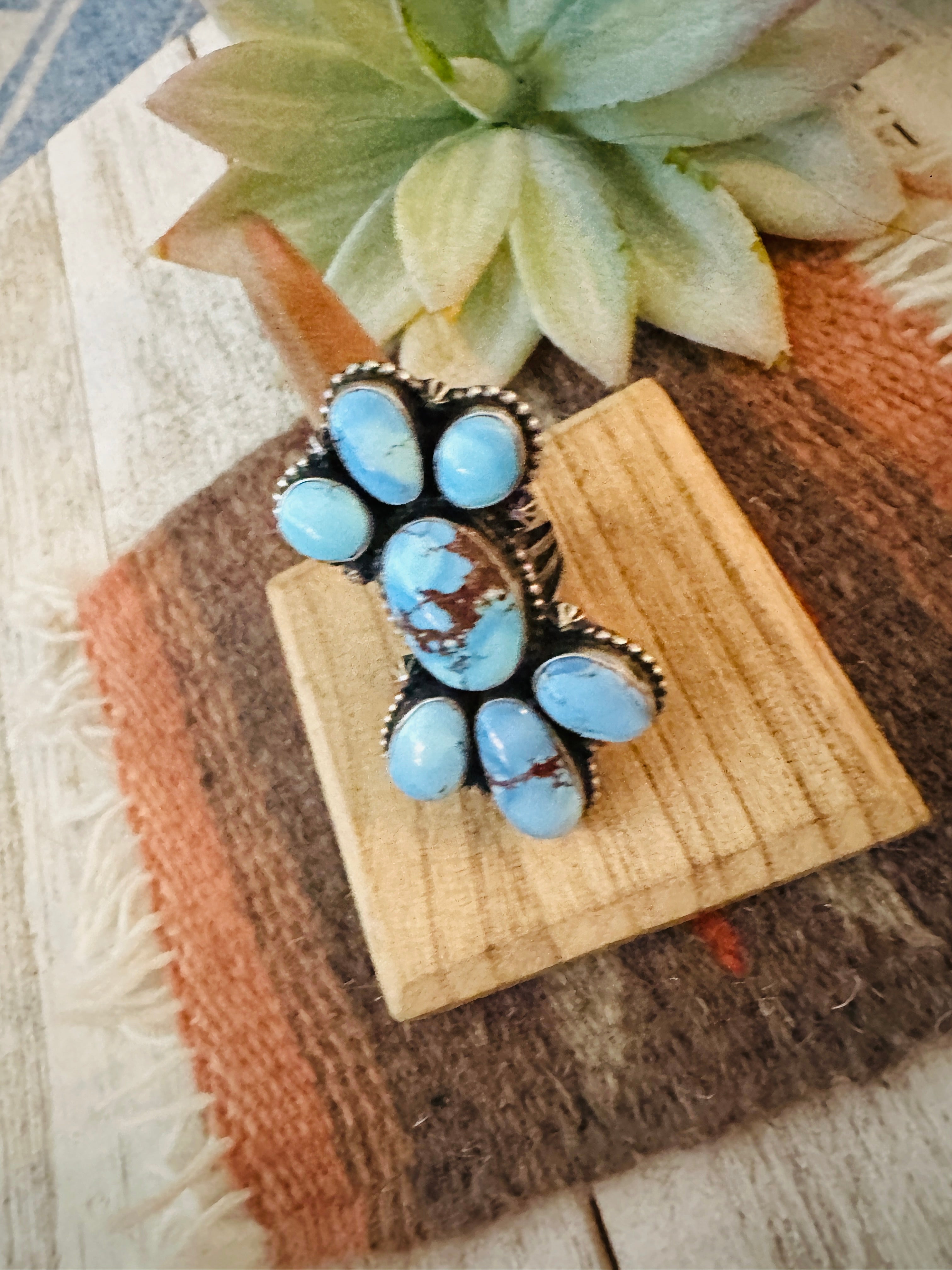 Navajo Golden Hills Turquoise & Sterling Silver Cluster Ring Size 8.5