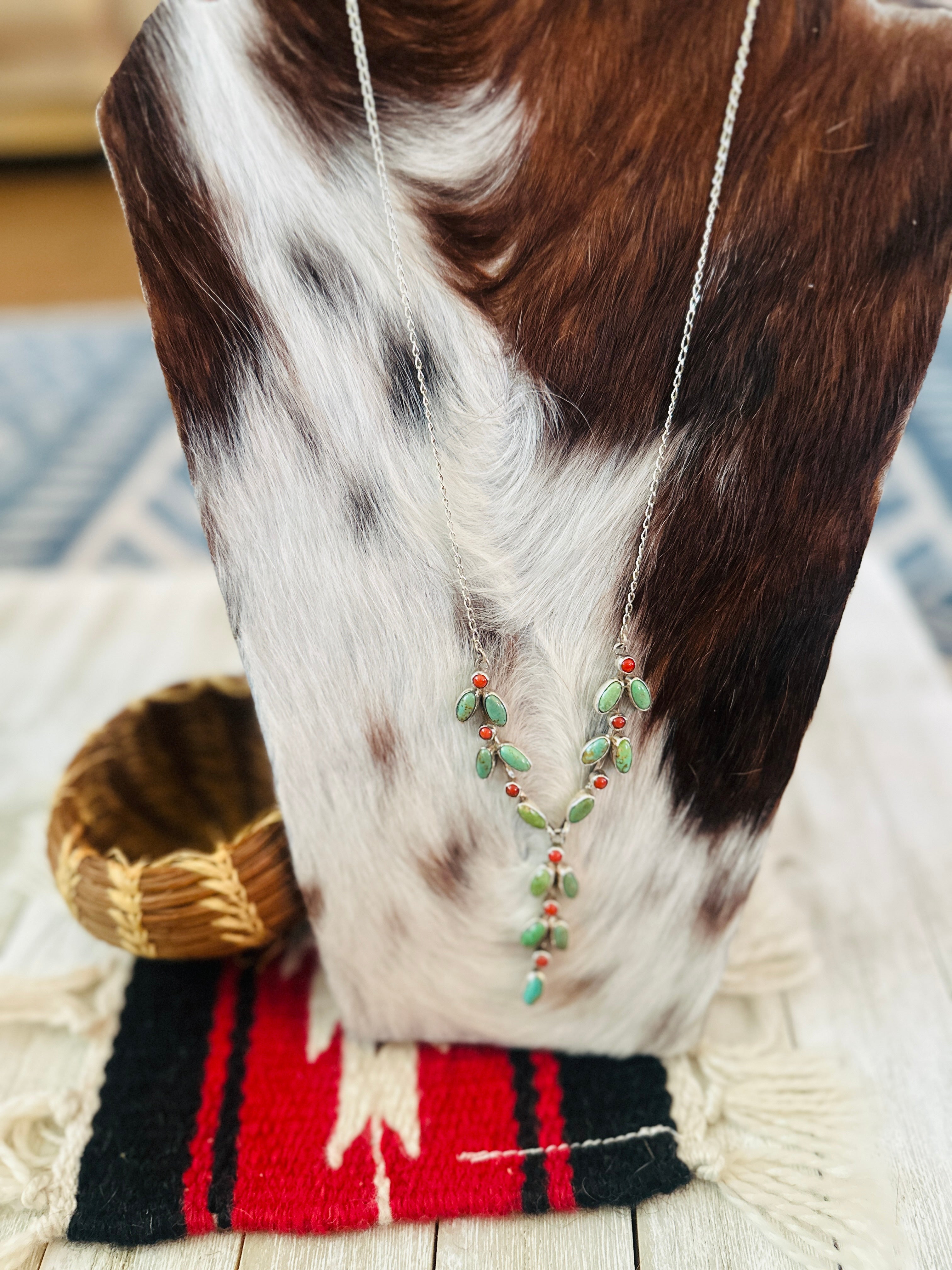 Handcrafted Turquoise, Coral & Sterling Silver Necklace