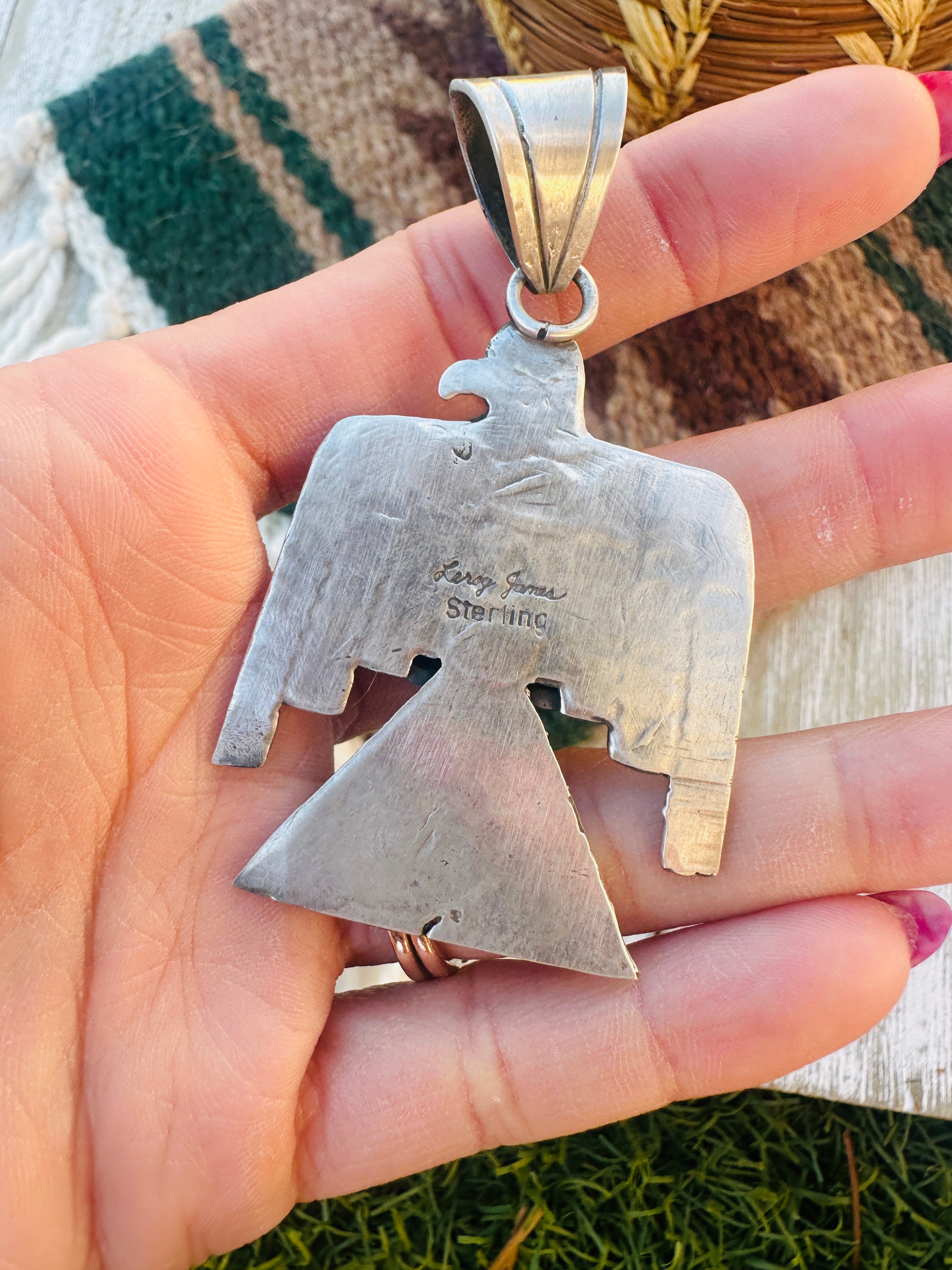 Handcrafted Sterling Silver & Turquoise Thunderbird Pendant by Leroy James
