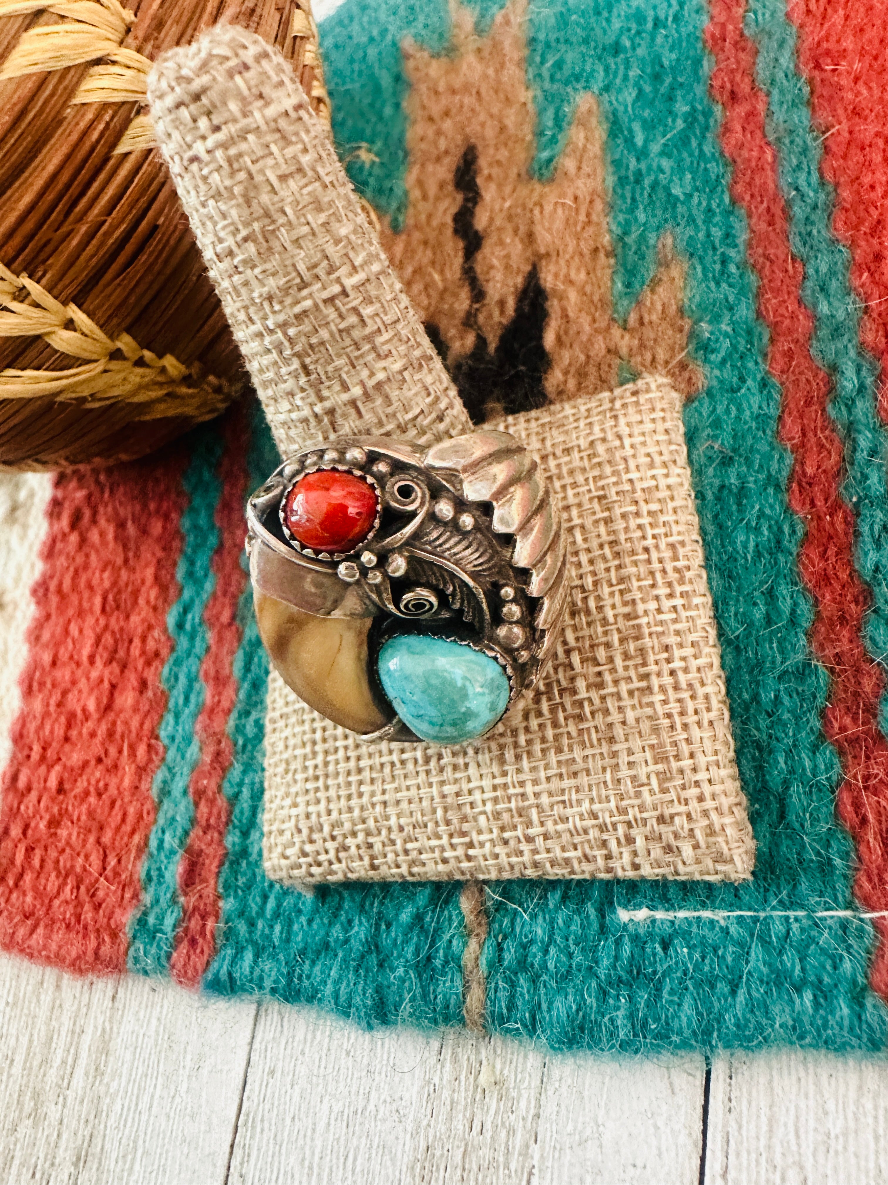 Handcrafted Old Pawn Sterling Silver, Turquoise & Coral Claw Ring Size 11.5
