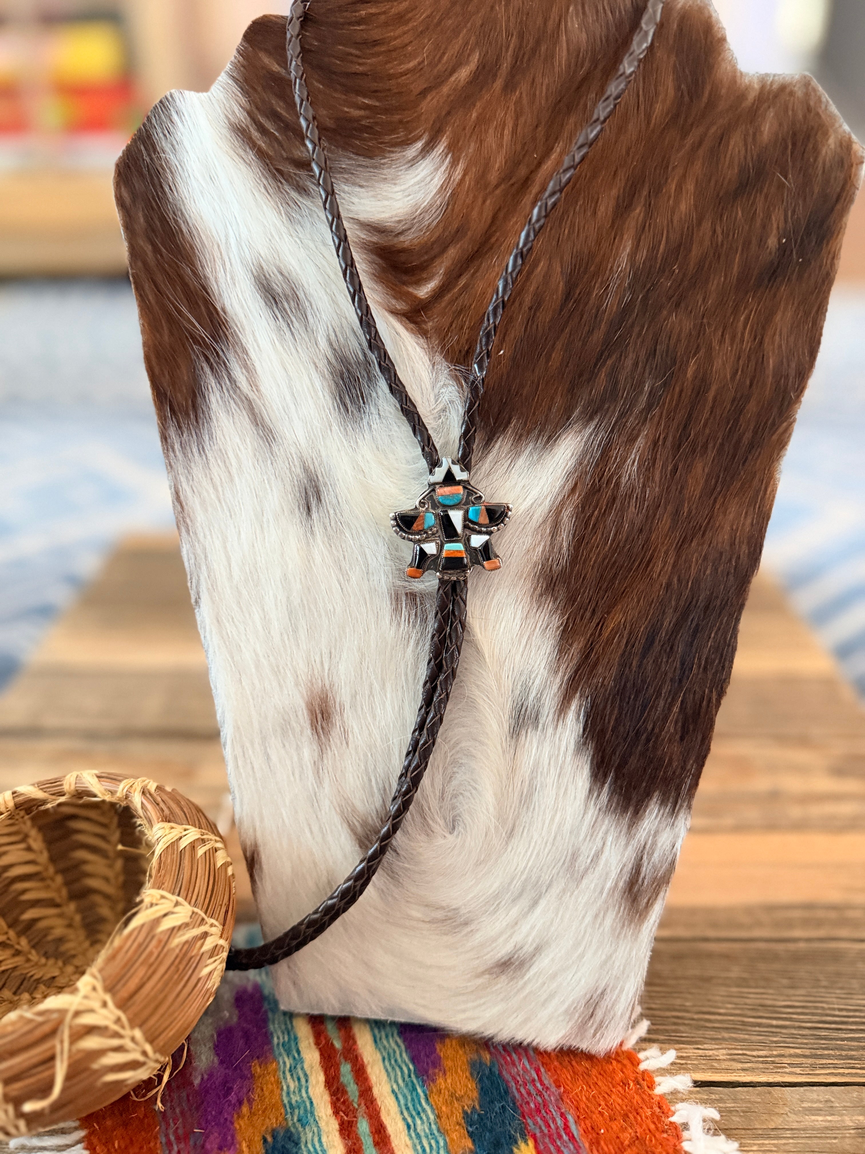 Handcrafted Vintage Old Pawn Sterling Silver & Multi Stone Inlay Thunderbird Bolo Tie