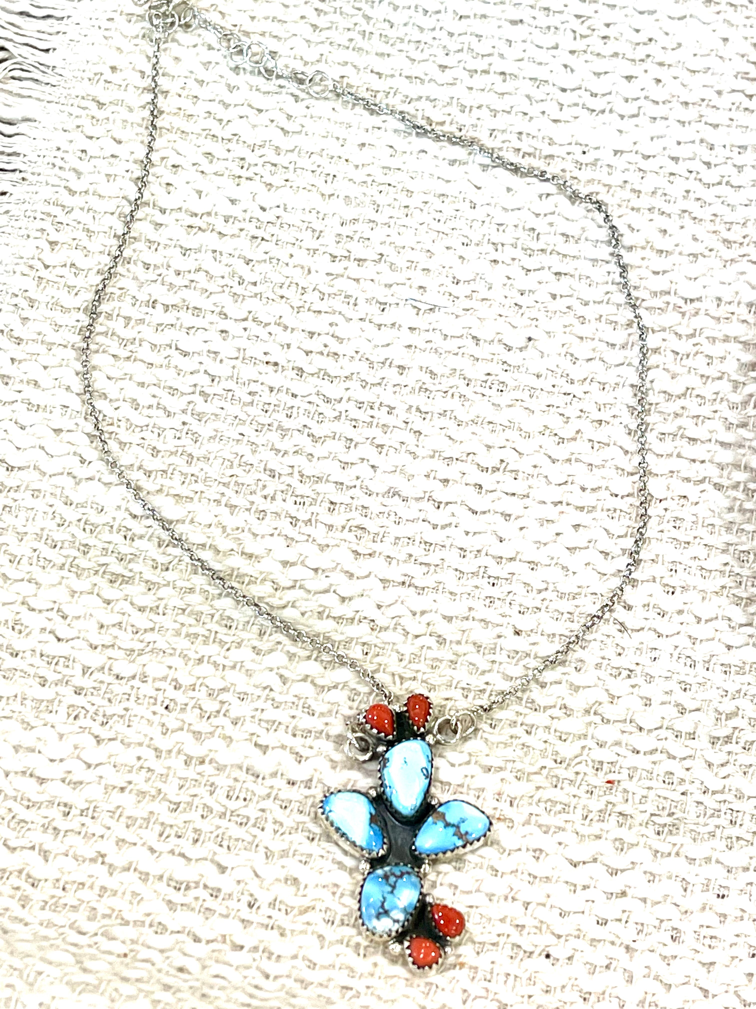 Handmade Sterling Silver, Golden Hills Turquoise & Coral Necklace Signed Nizhoni
