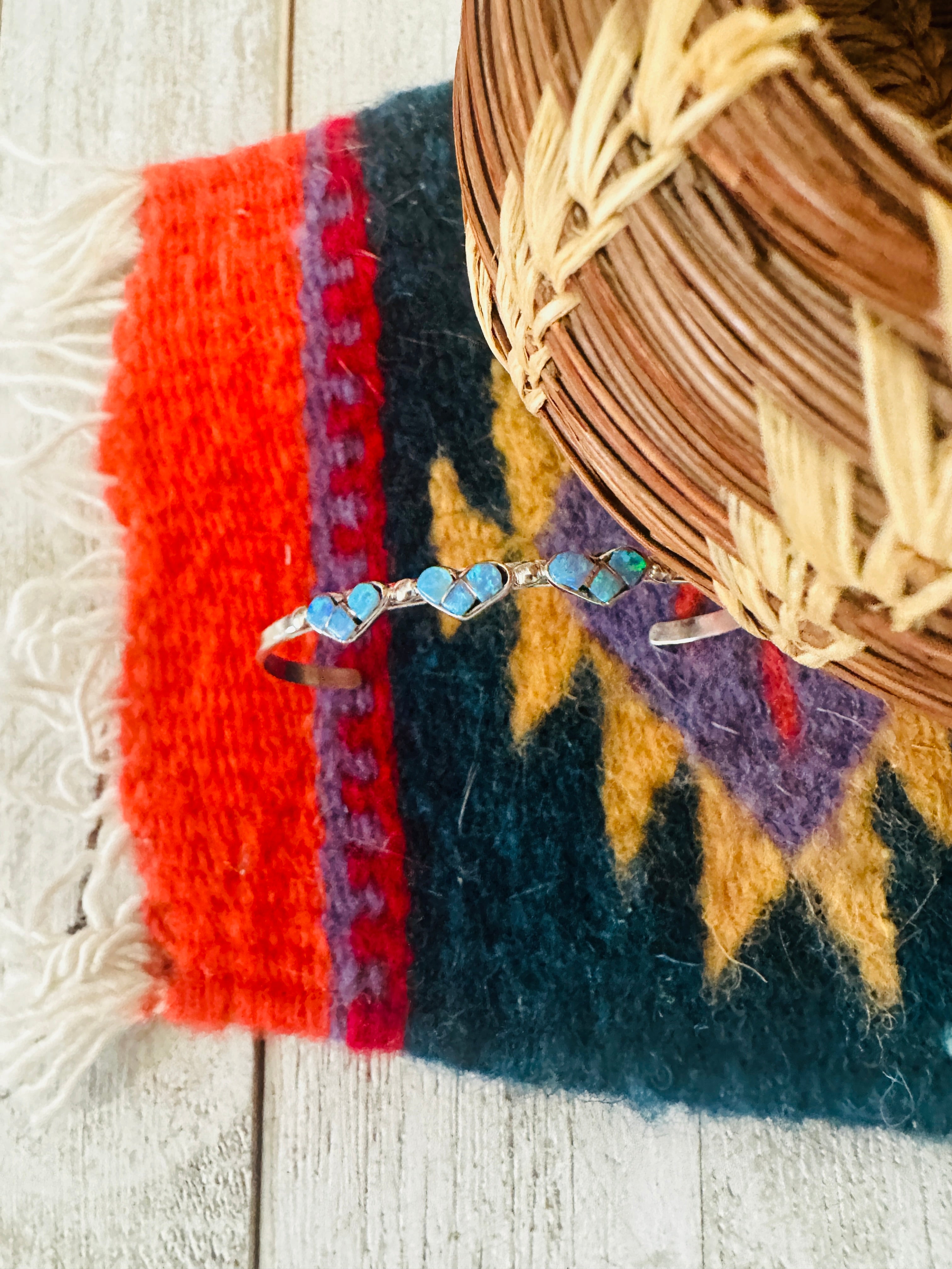 Sterling Silver & Blue Opal Heart Baby Cuff Bracelet /