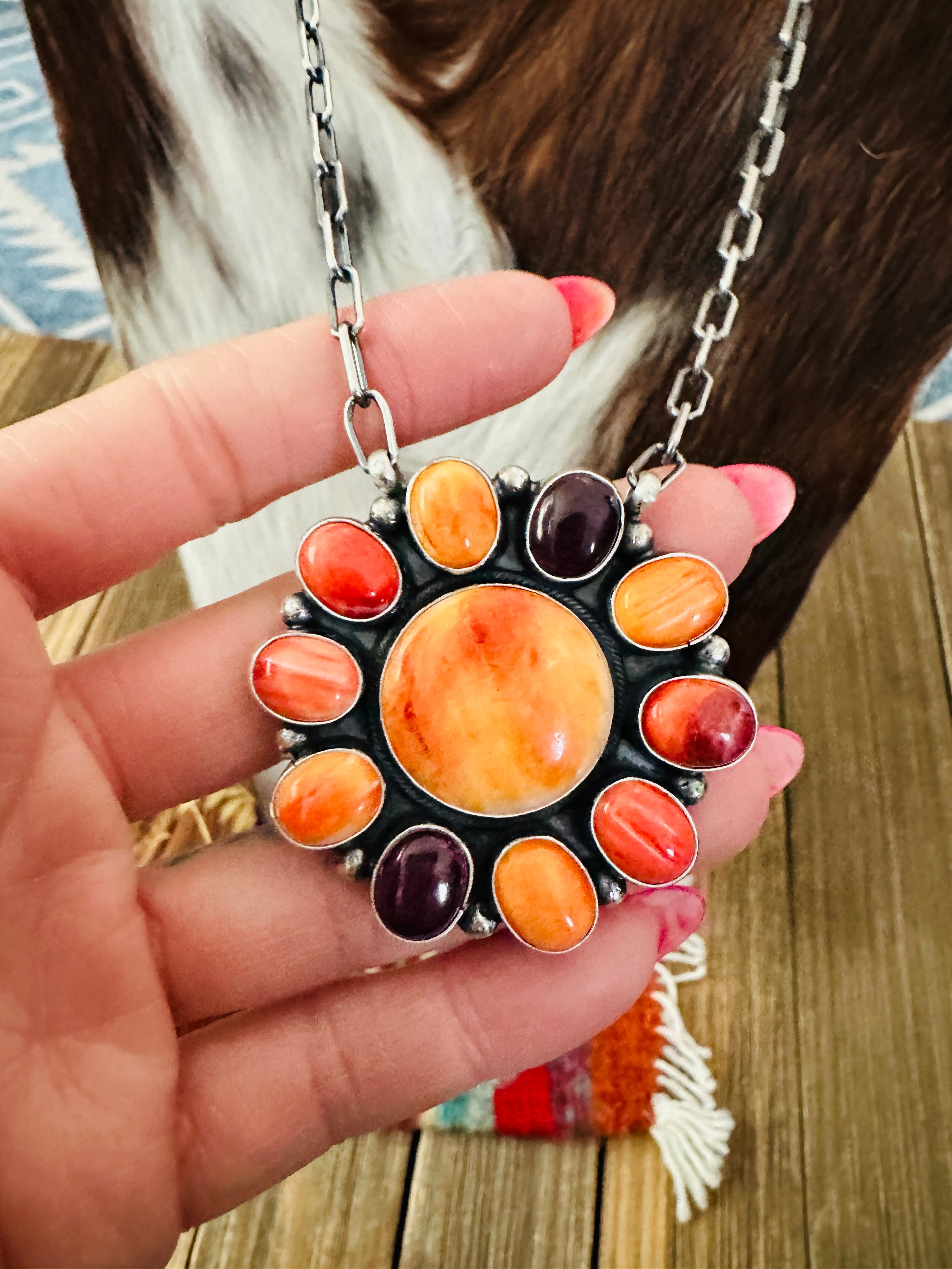 Handcrafted Multicolor Spiny Oyster & Sterling Silver Cluster Necklace by Sheila Becenti