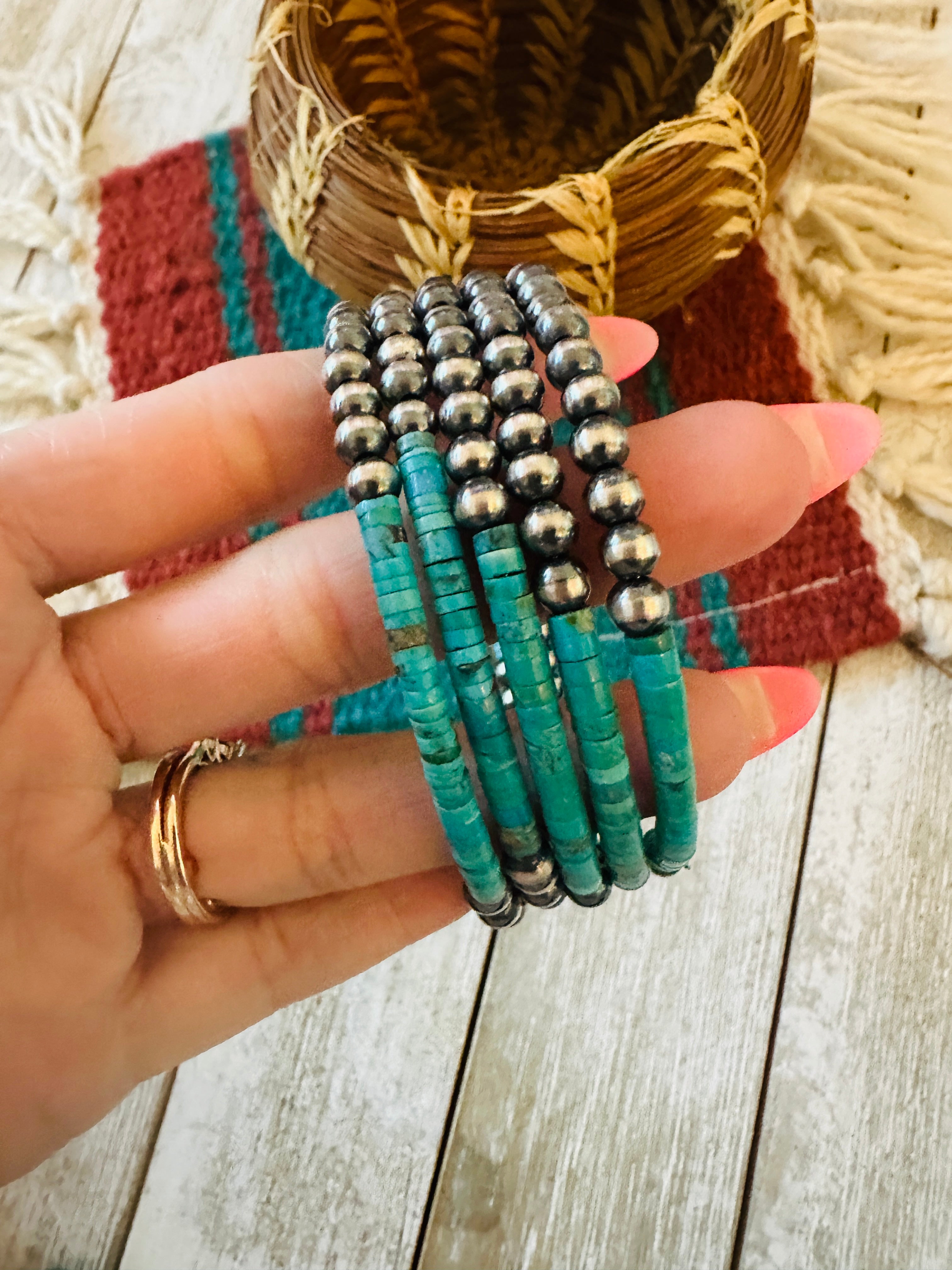 Navajo Turquoise & Sterling Silver Beaded Wrap Bracelet