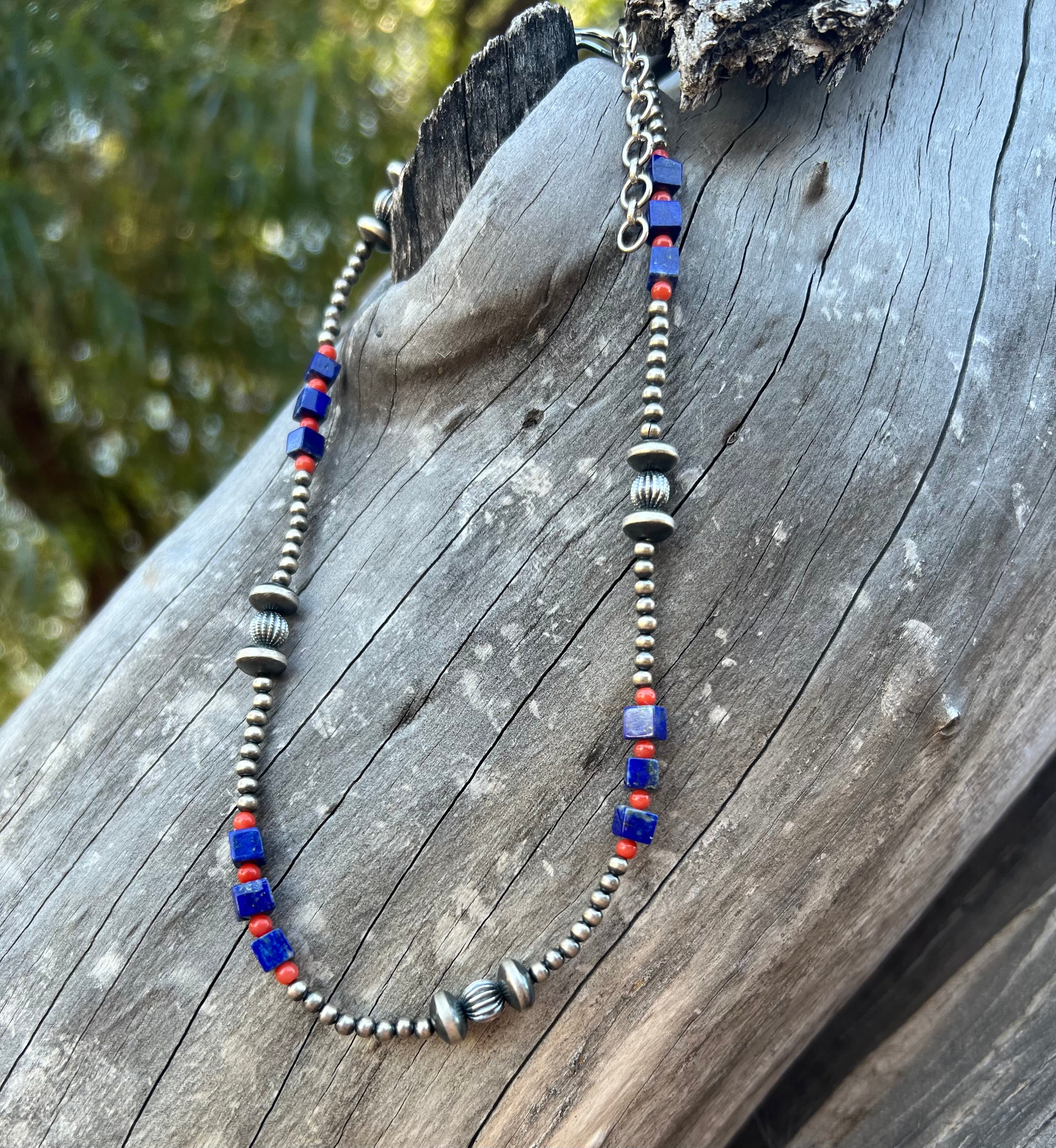 Handmade Coral & Lapis Beaded Sterling Silver Necklace