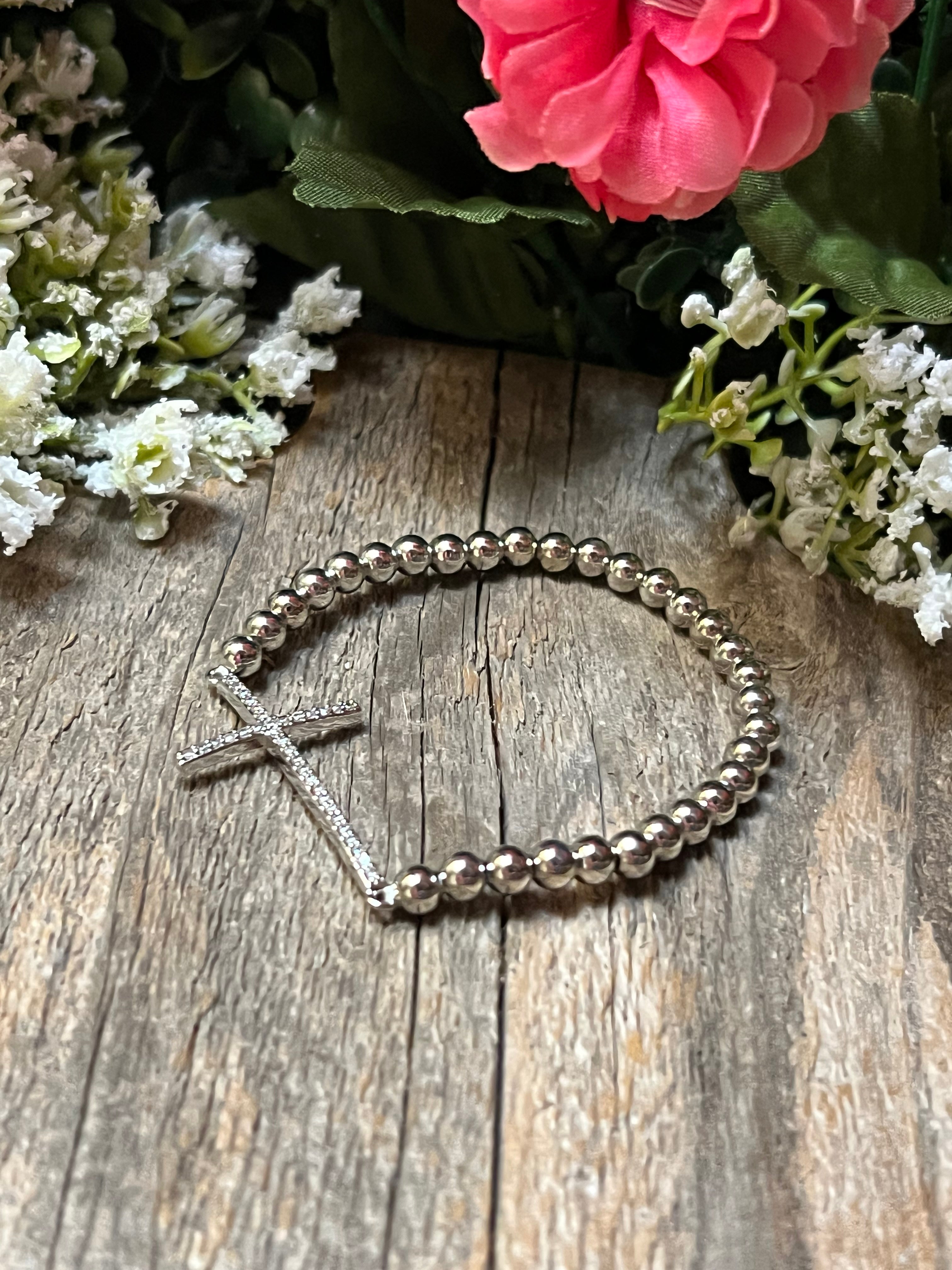 Silver Plated CZ Cross Beaded Bracelet
